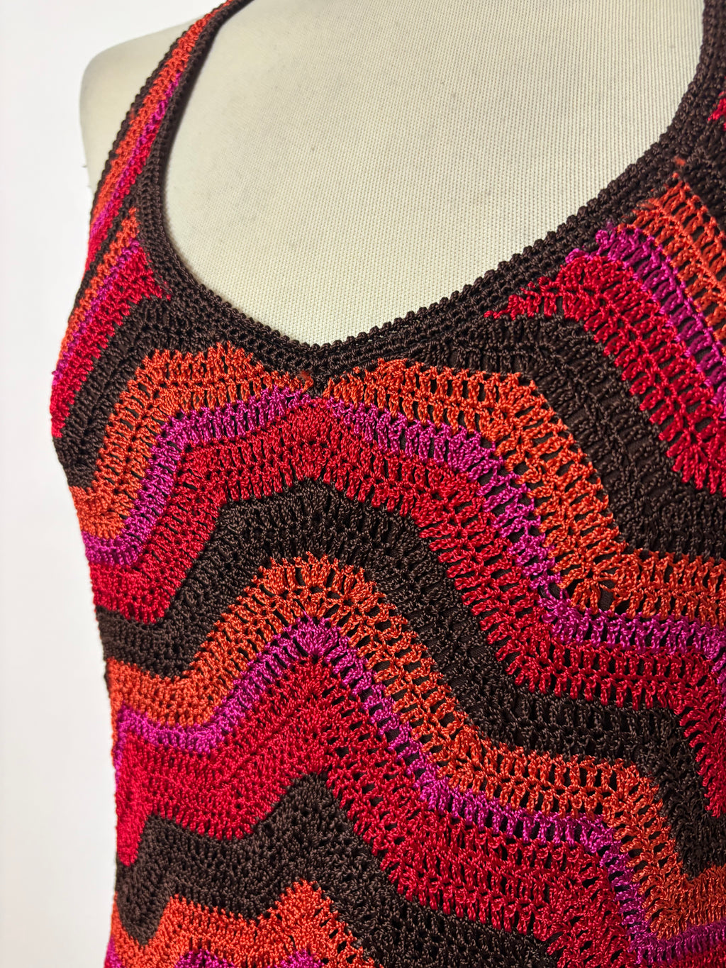 Handmade orange crochet chevron-pattern lined halterneck