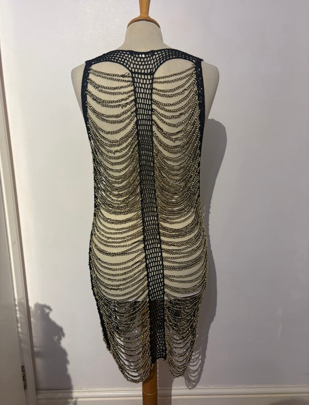 Handmade black crochet heavily gold beaded mini dress