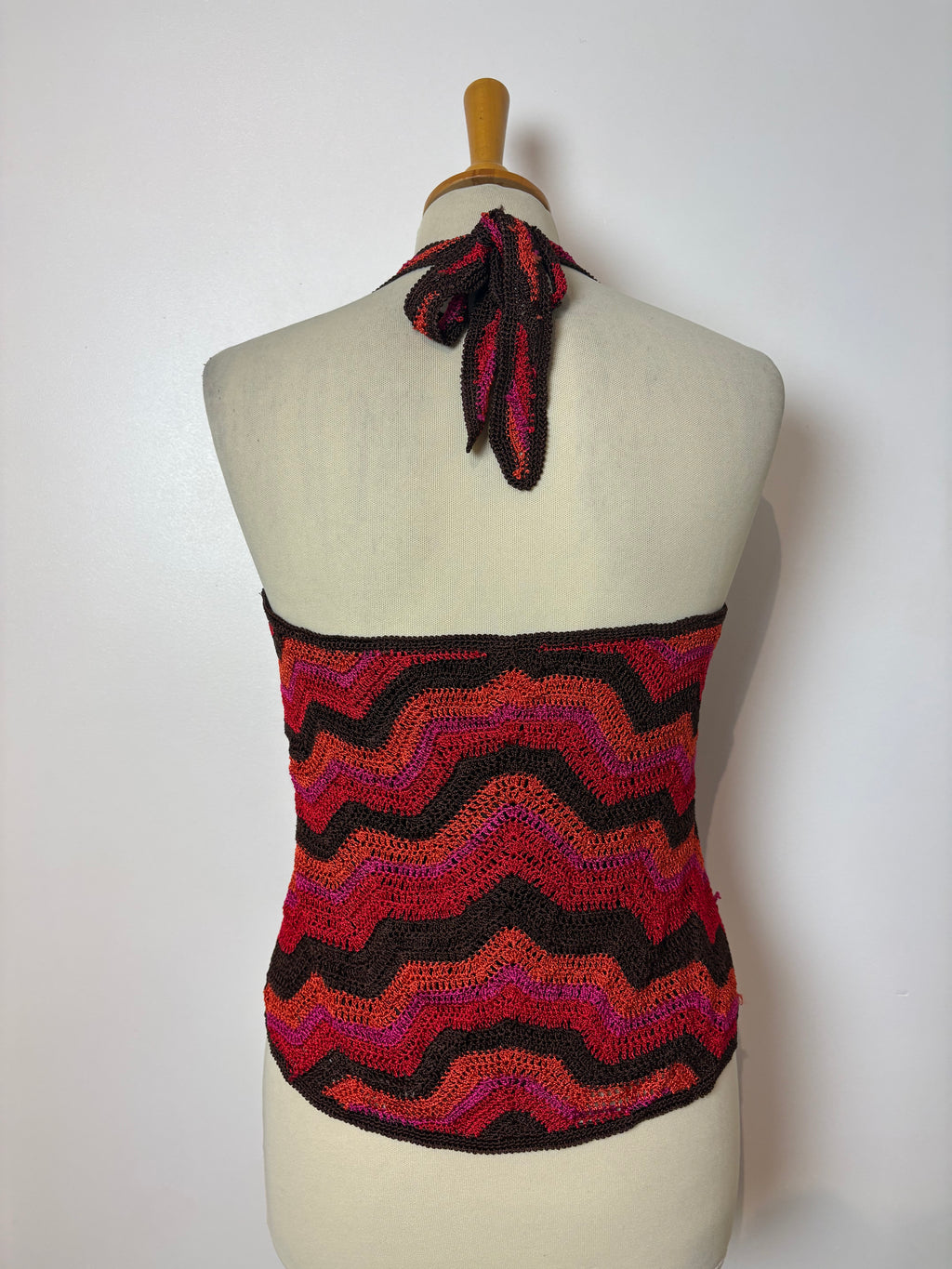 Handmade orange crochet chevron-pattern lined halterneck