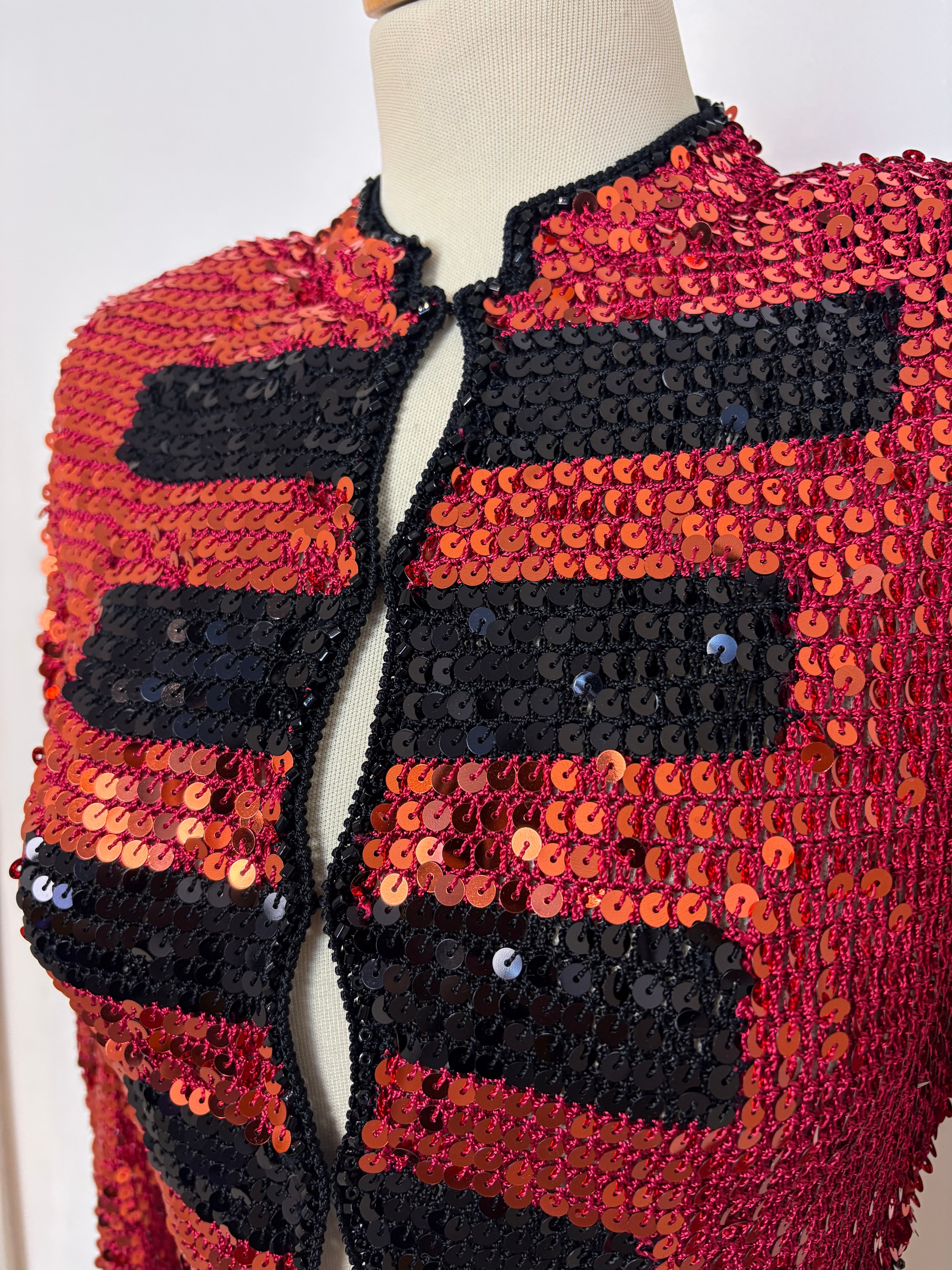Handmade red and black crochet sequined jacket