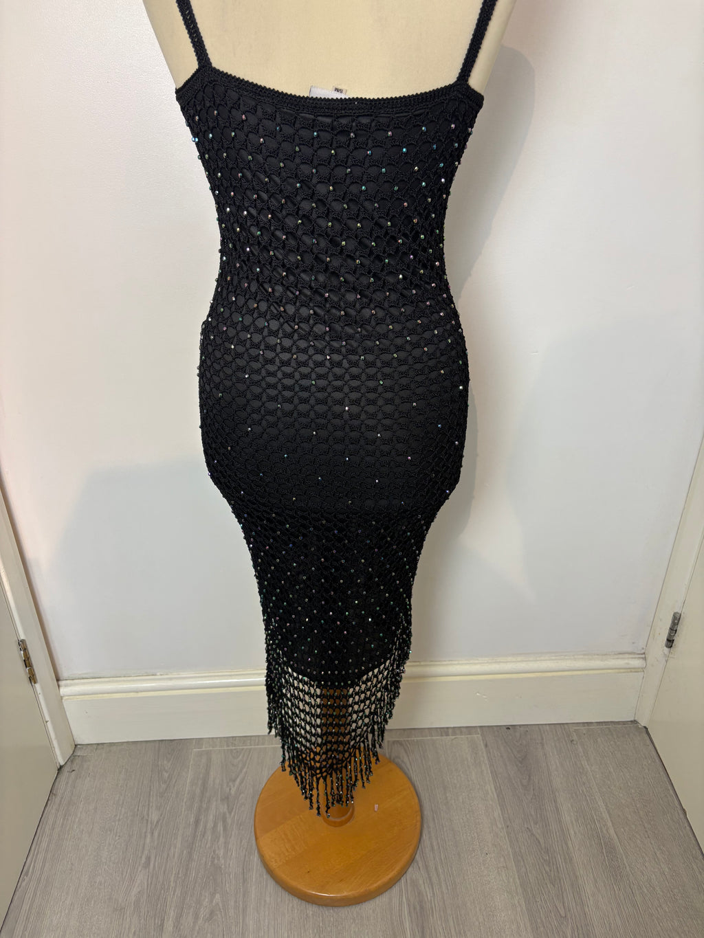 Handmade black crochet iridescent beaded lined dress￼