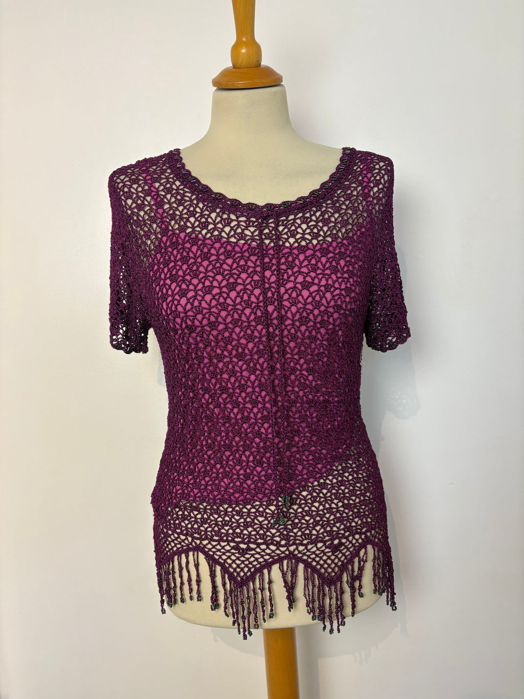 Handmade purple crochet tie-up lined top