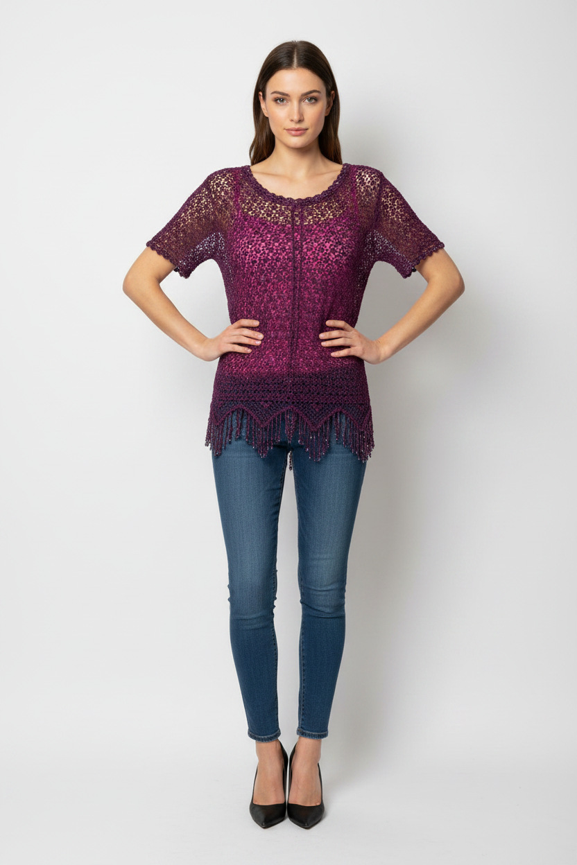Handmade purple crochet tie-up lined top