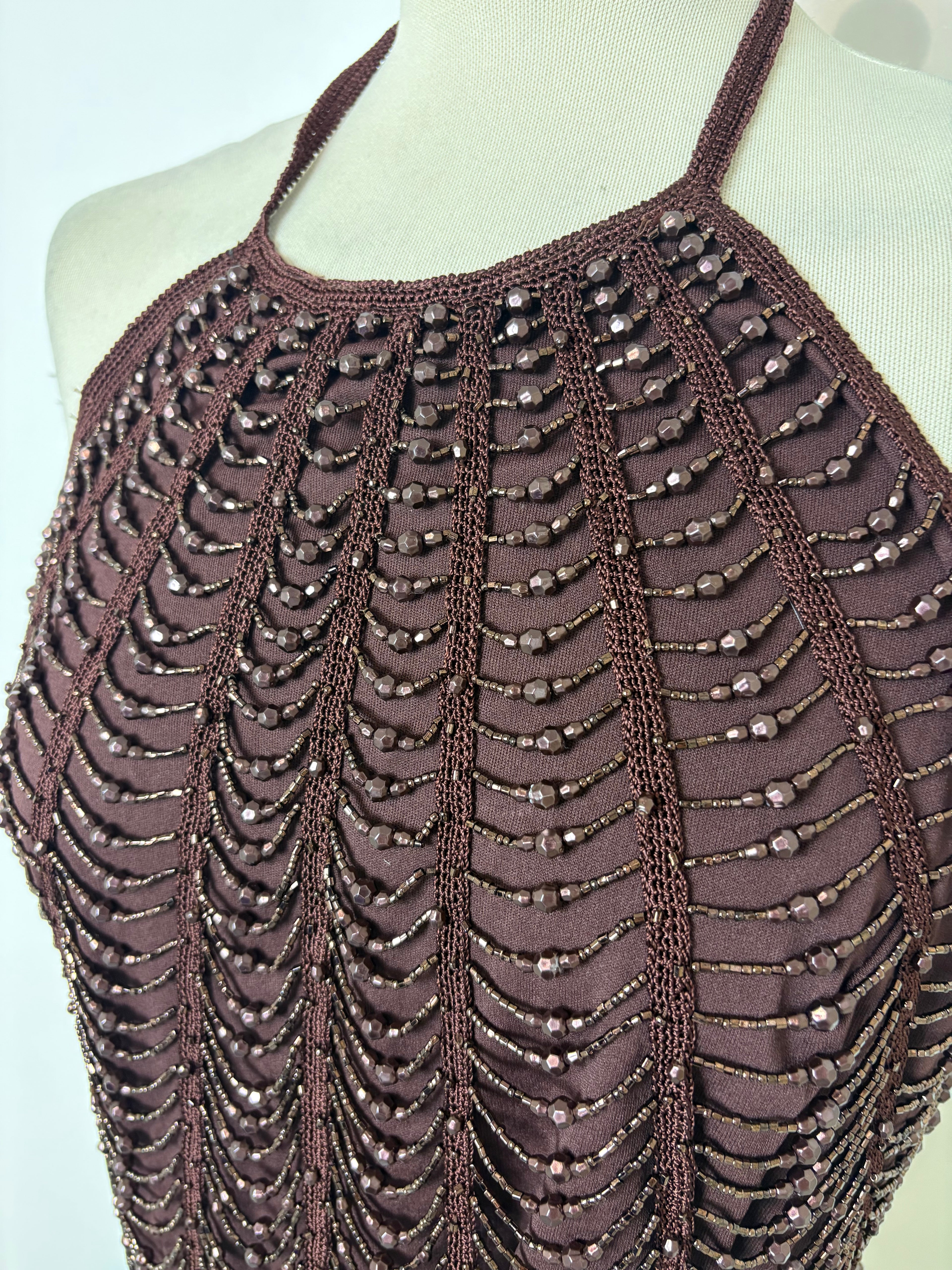 Handmade brown crochet beaded backless halterneck