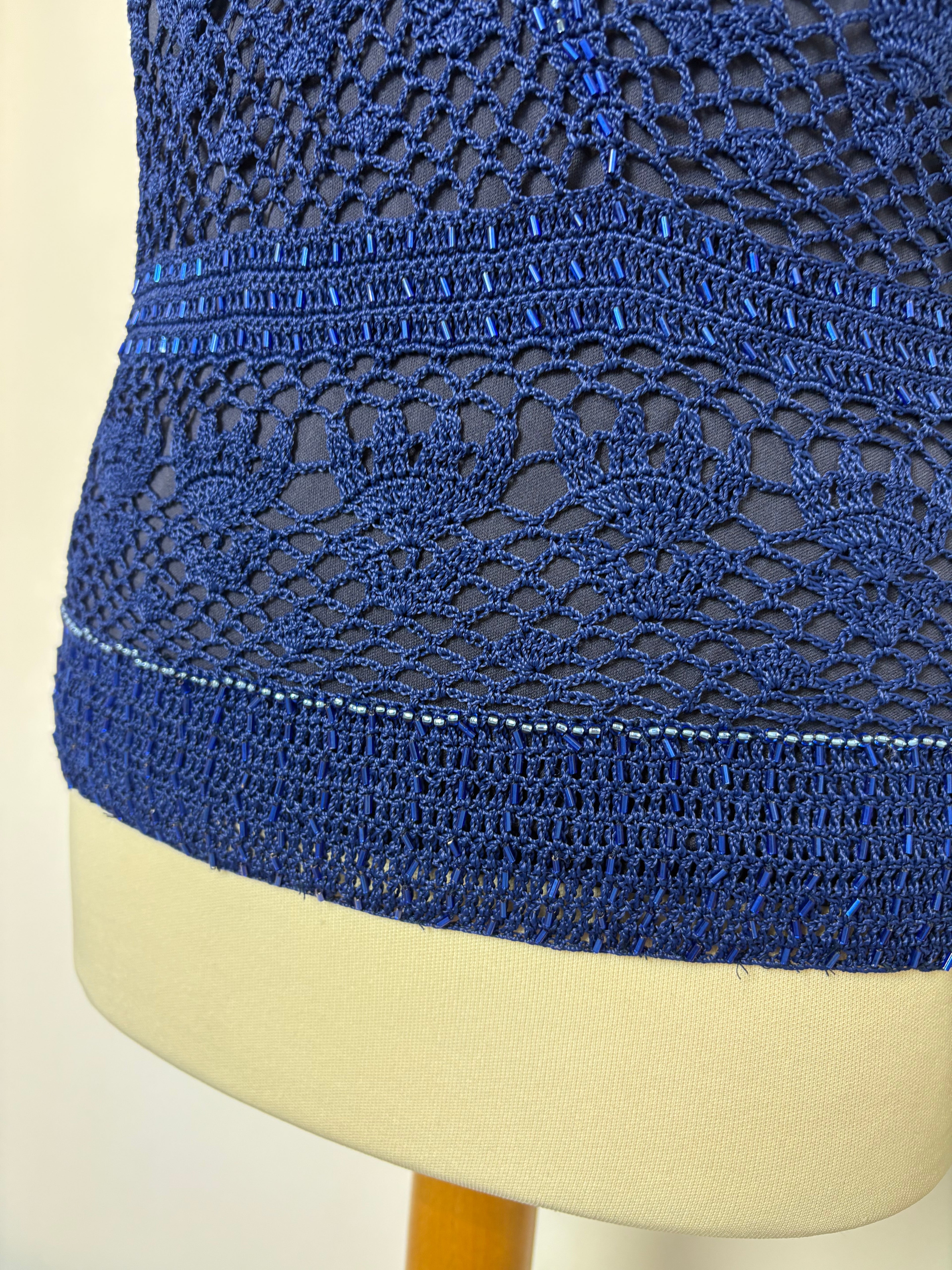Handmade blue crochet beaded lined top