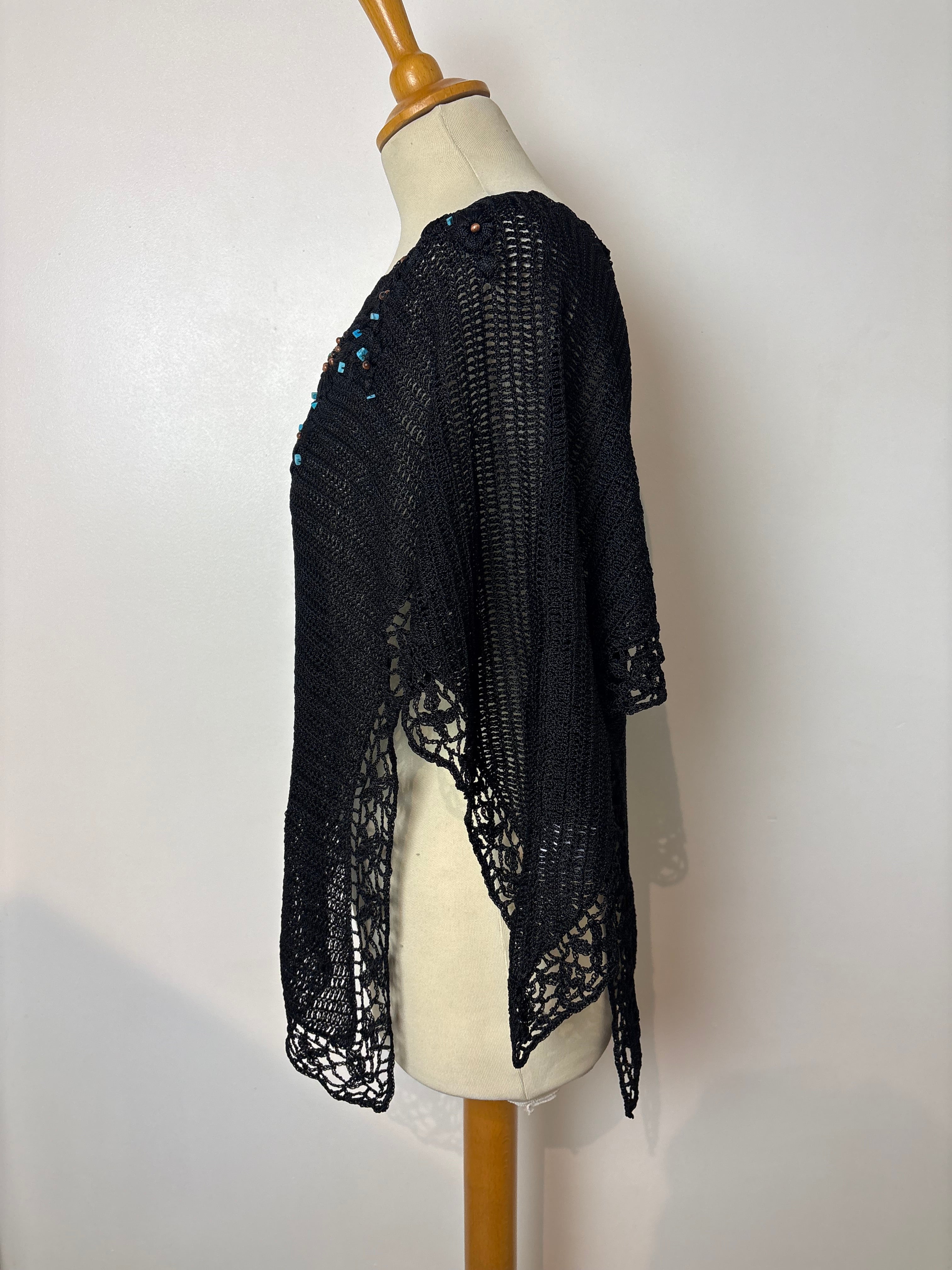 Handmade black crochet beaded one-shoulder top