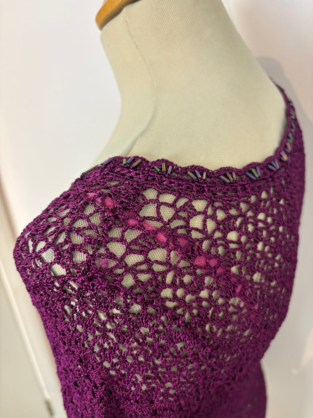 Handmade purple crochet tie-up lined top