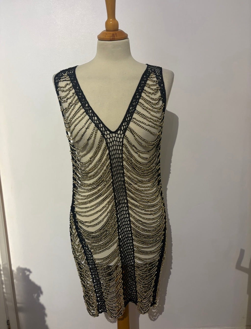 Handmade black crochet heavily gold beaded mini dress