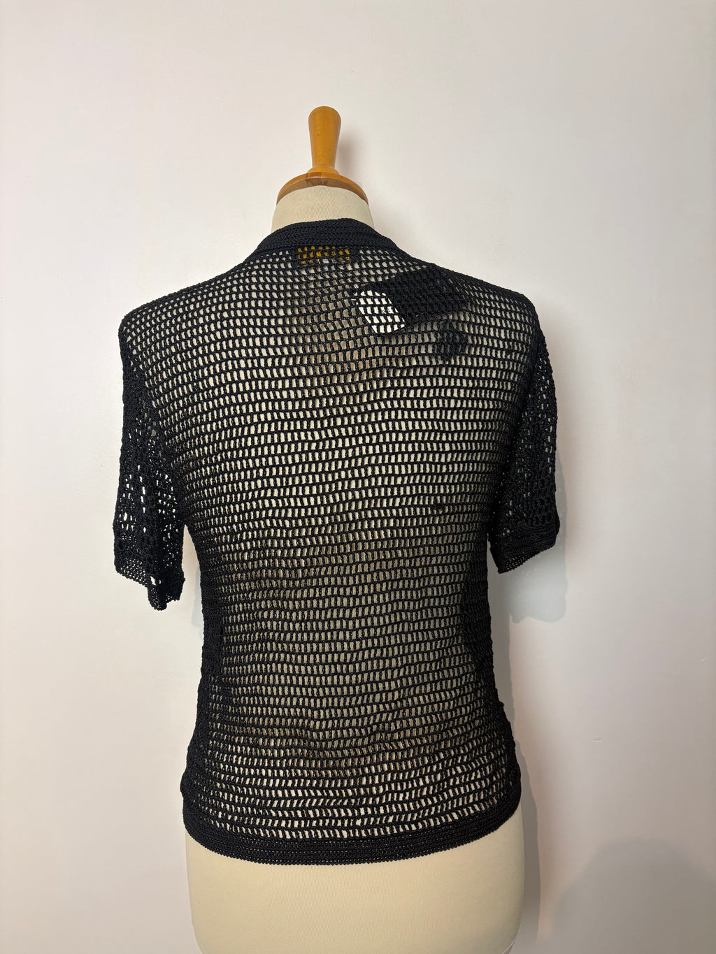 Handmade black crochet button-up short-sleeve cardigan