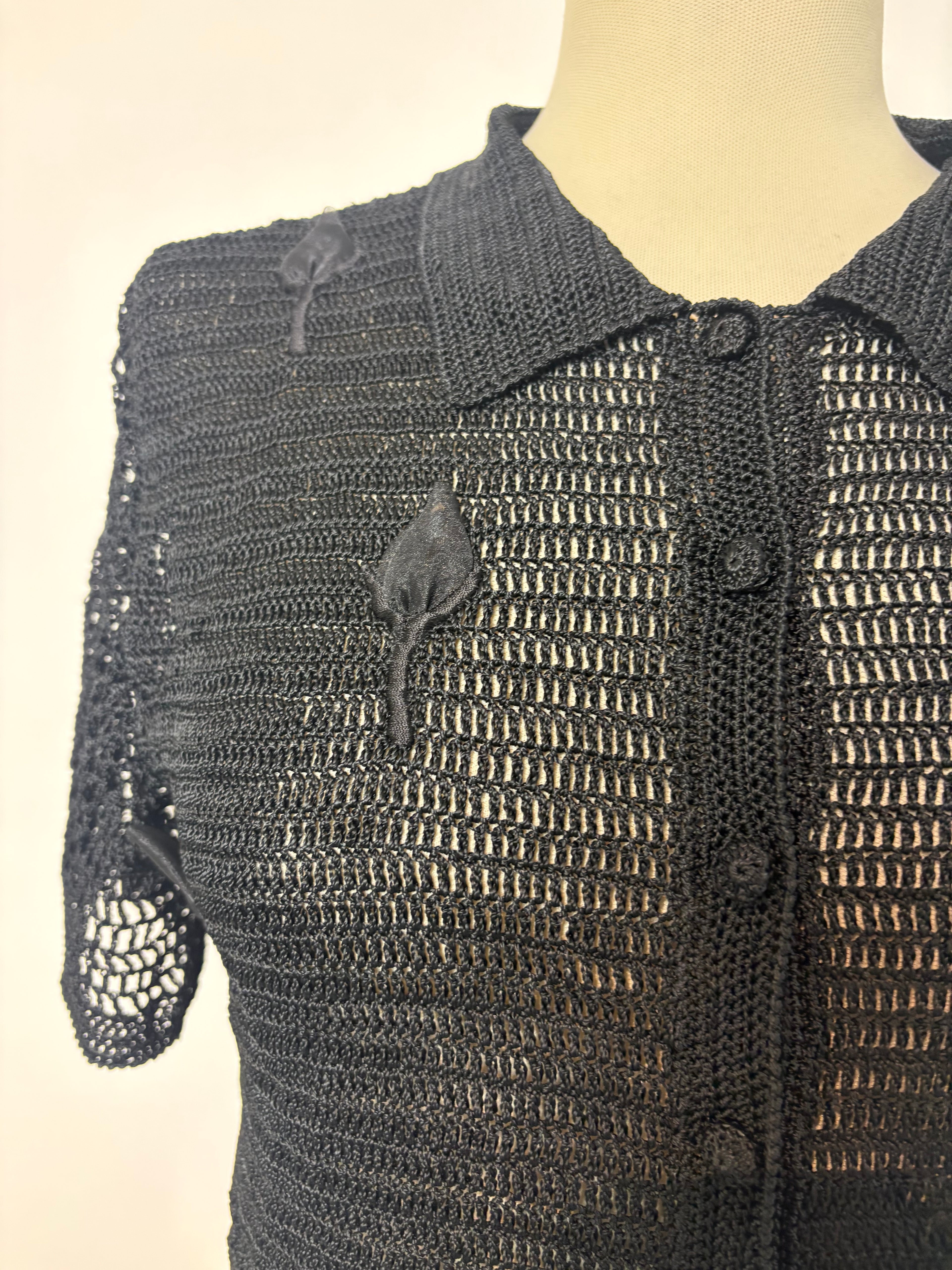 Handmade black crochet button-up short-sleeve cardigan