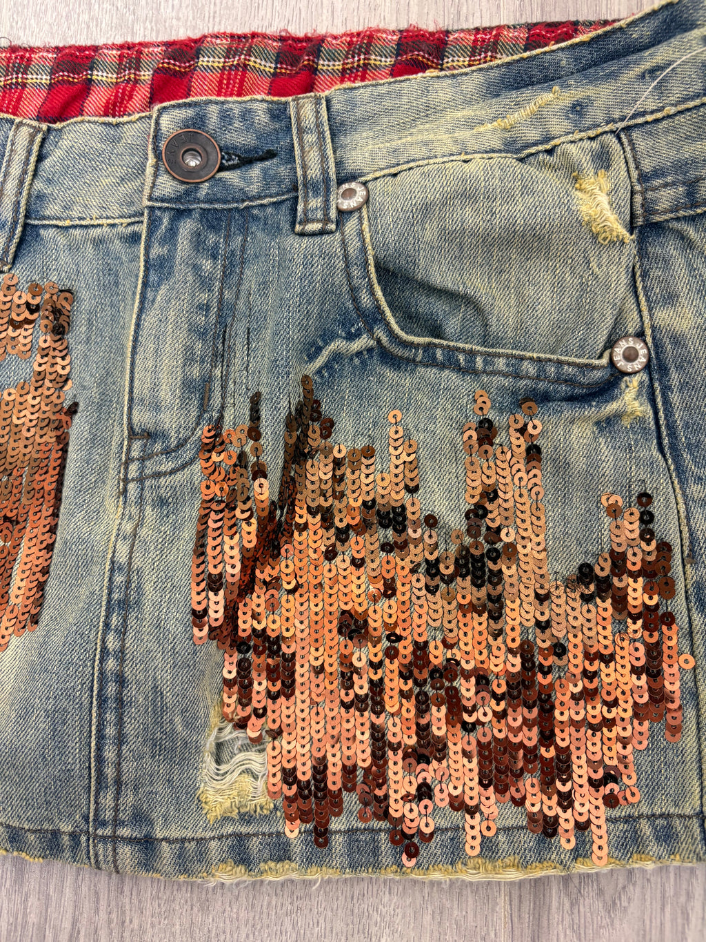 Denim bronze sequined mini skirt