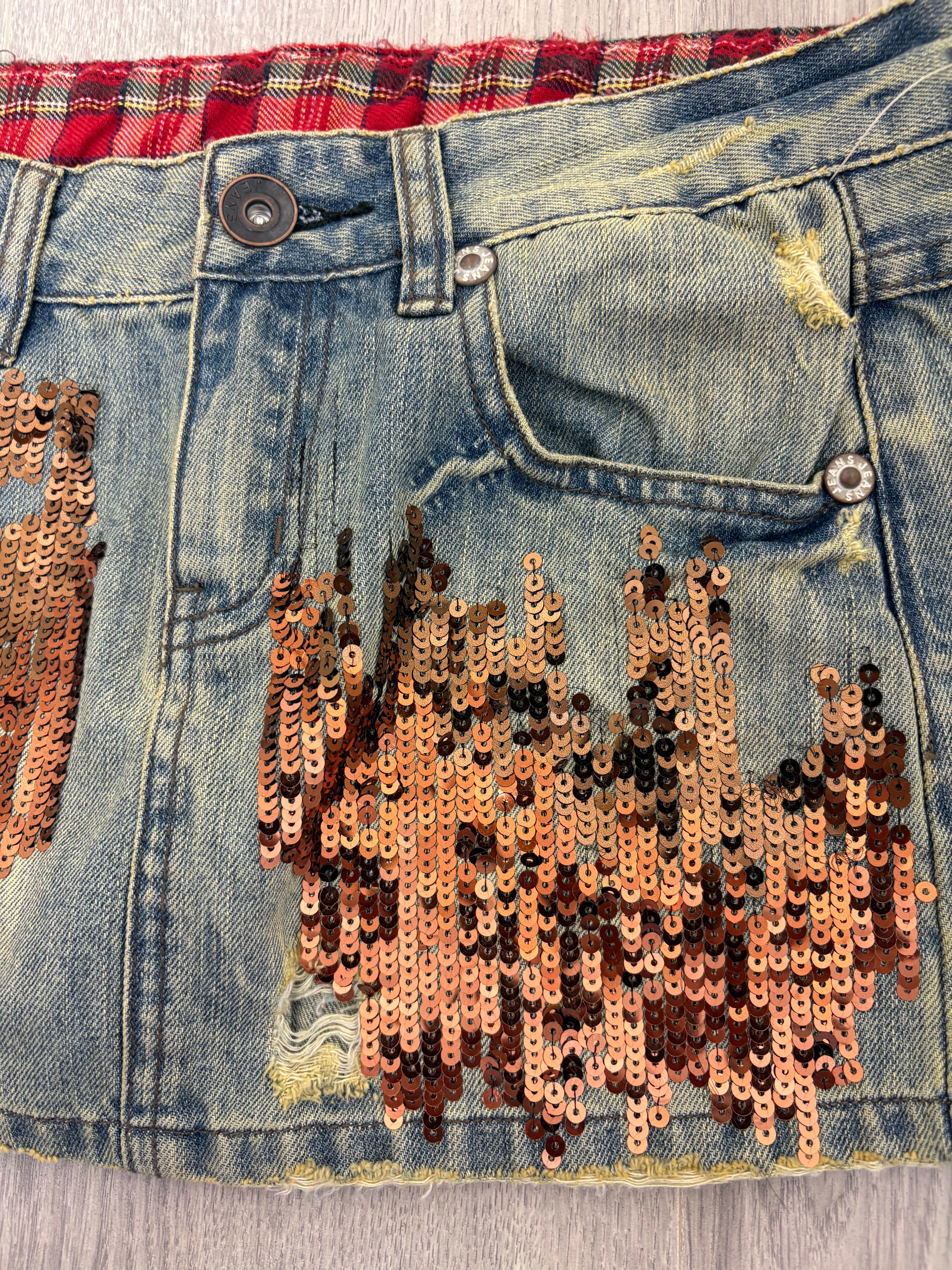 Denim bronze sequined mini skirt