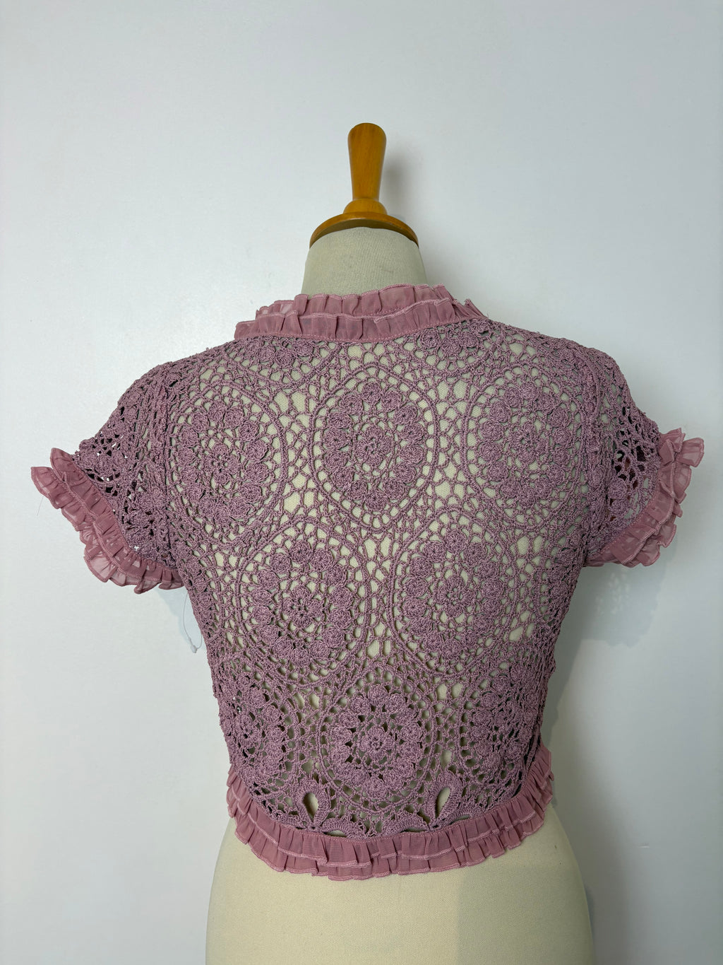 Handmade pink crochet chiffon-sleeved bolero