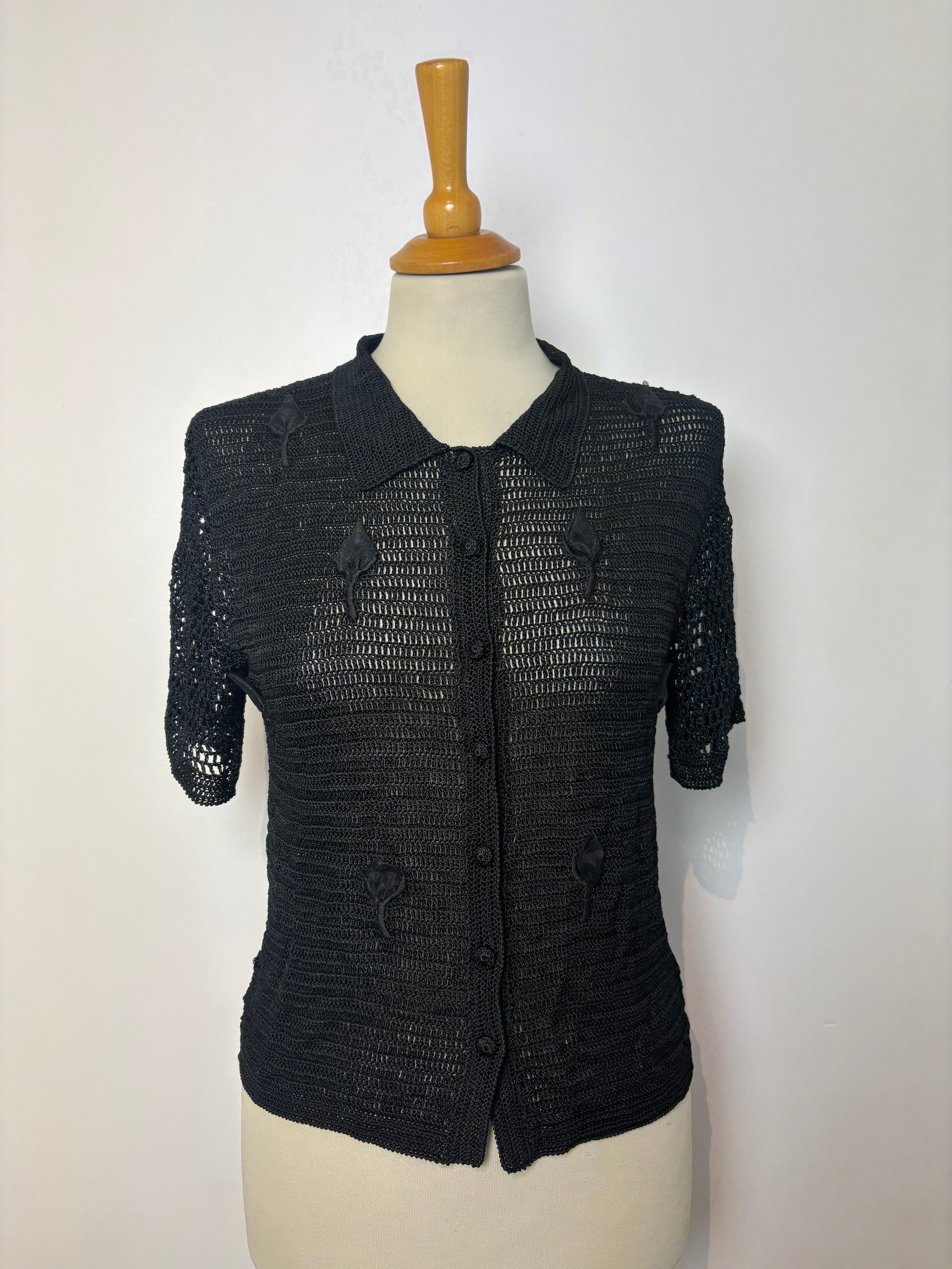Handmade black crochet button-up short-sleeve cardigan