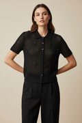 Handmade black crochet button-up short-sleeve cardigan