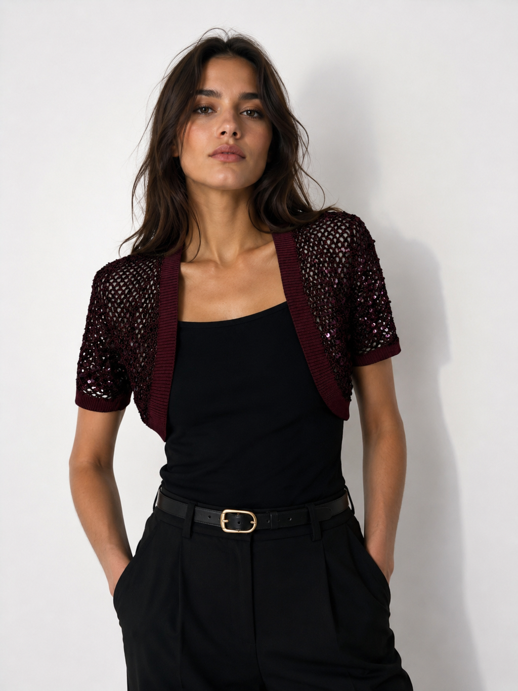 Handmade burgundy crochet sequined bolero