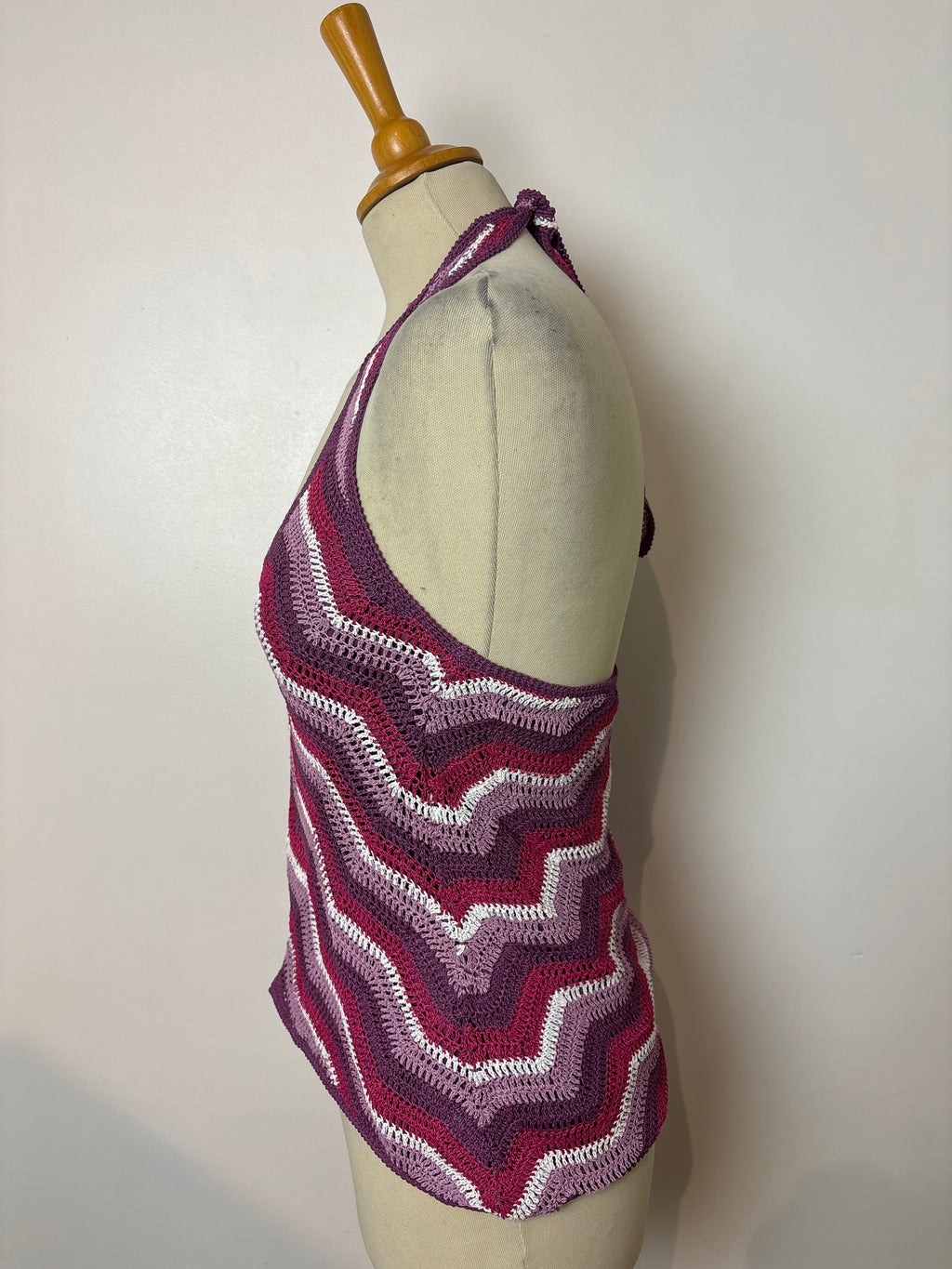 Handmade pink crochet lined chevron-pattern halterneck