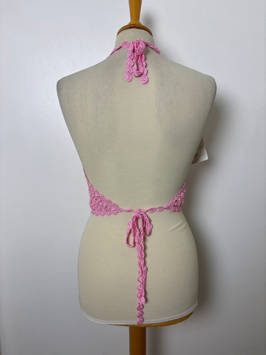 Handmade pink beaded crochet tie-up backless halterneck