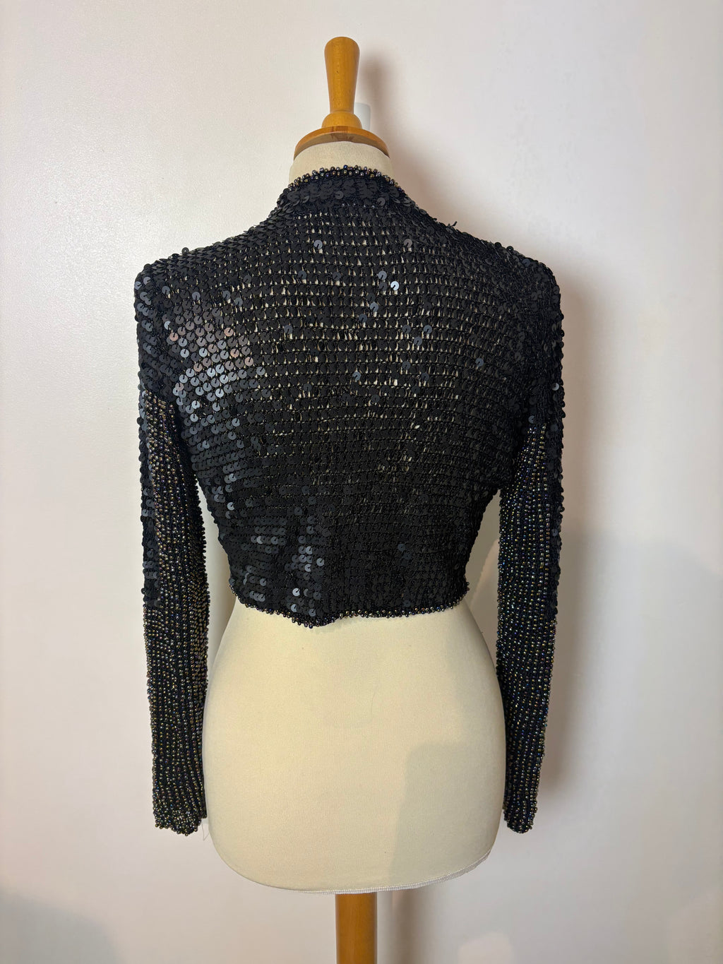 Handmade black crochet heavily sequined and beaded cardigan