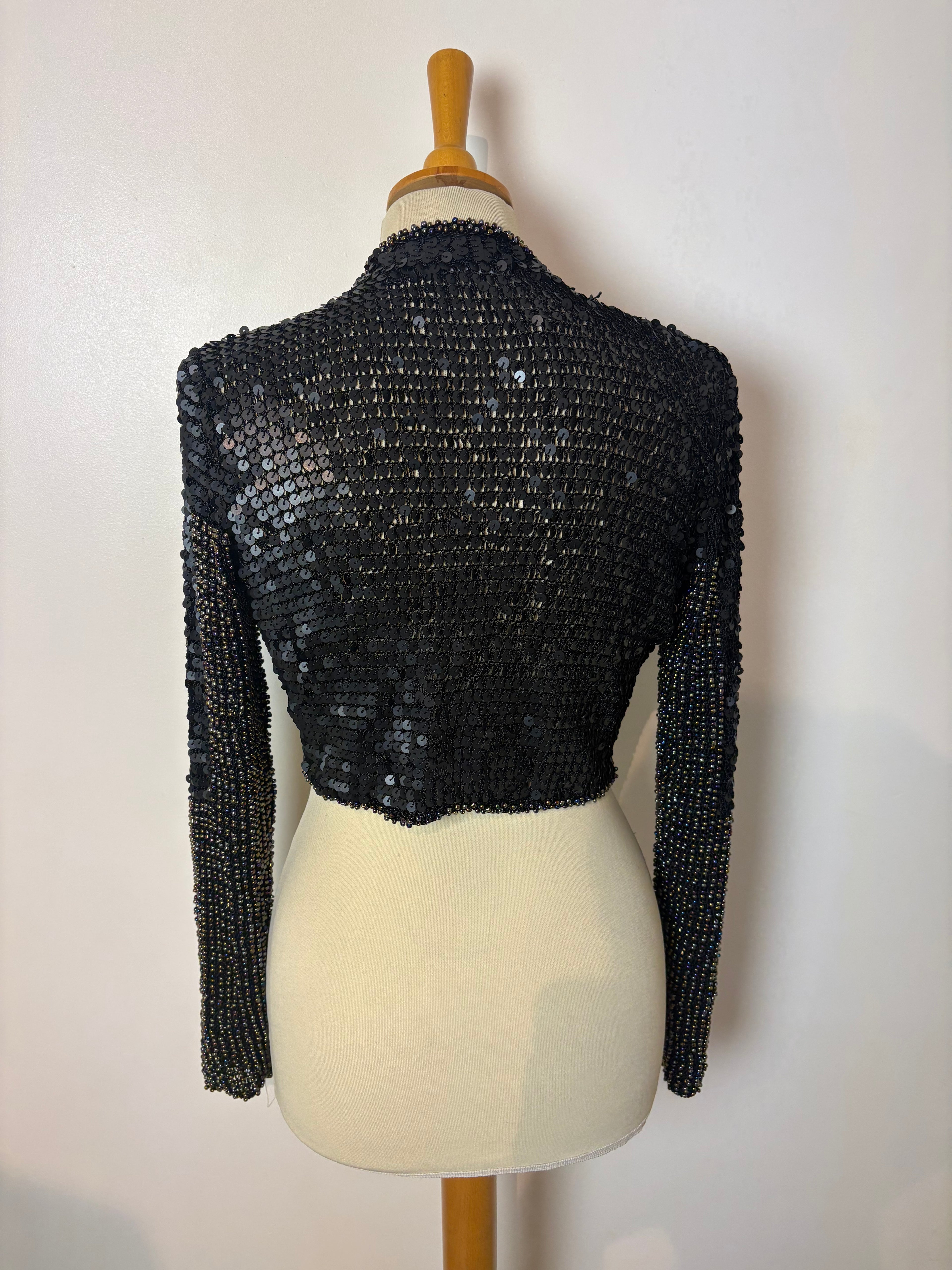 Handmade black crochet heavily sequined and beaded cardigan