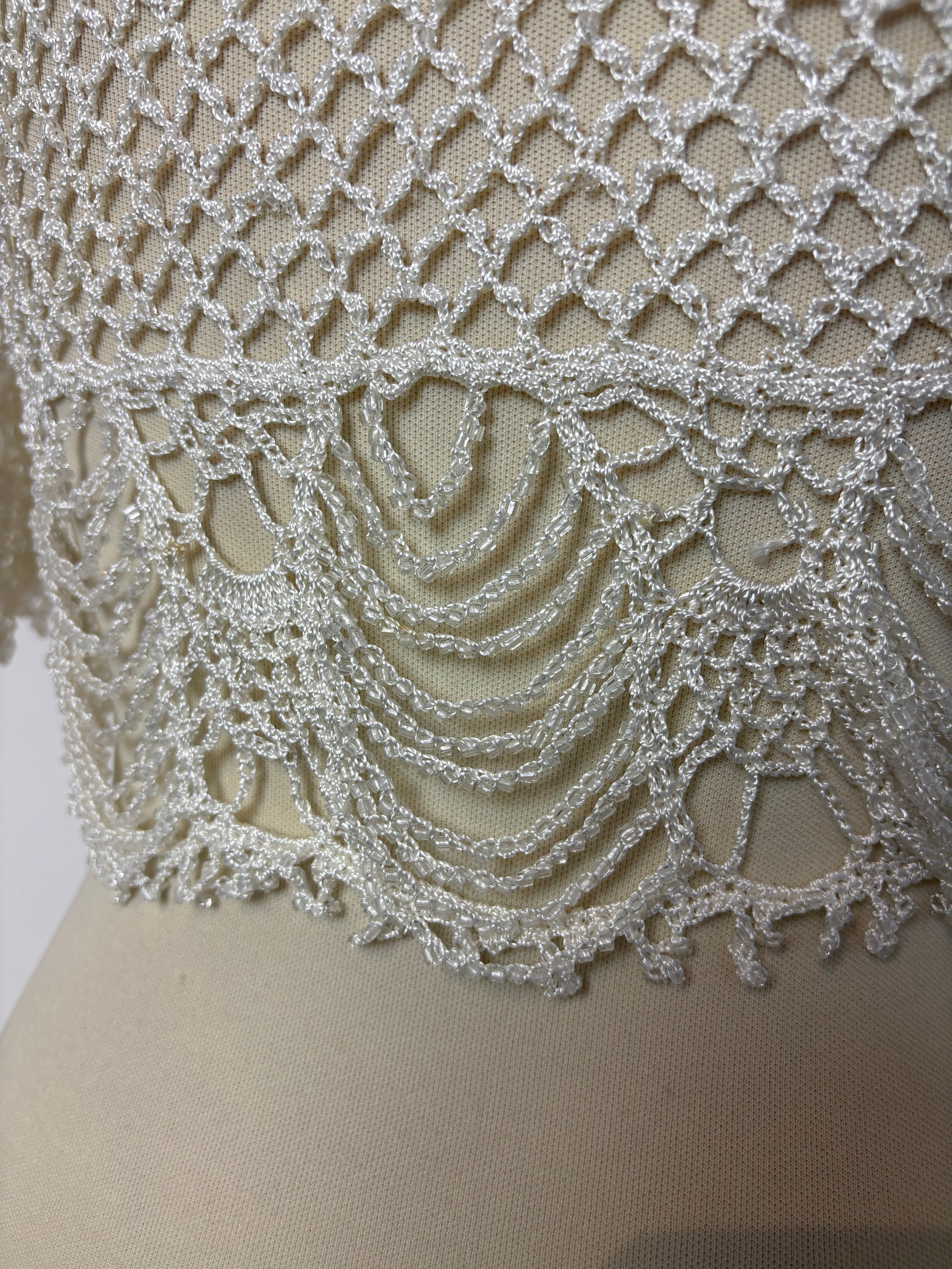 Handmade ivory crochet beaded tie-up bolero