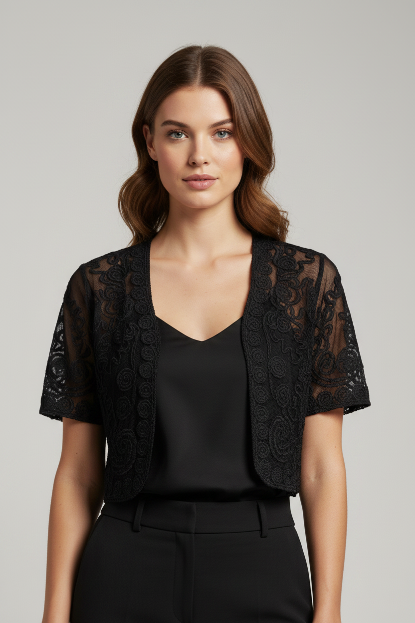 Black mesh cornelli pattern short-sleeve bolero