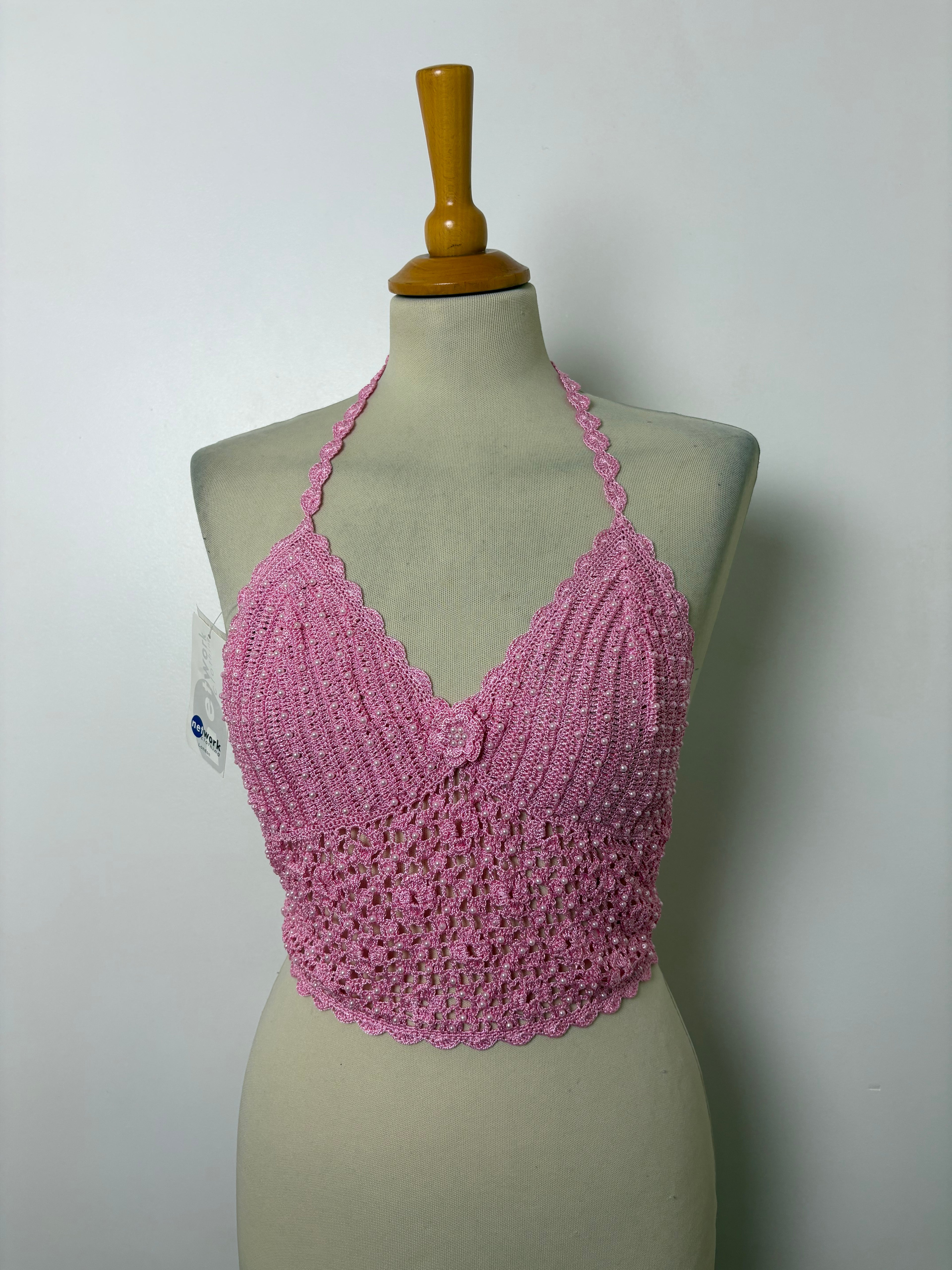 Handmade pink beaded crochet tie-up backless halterneck