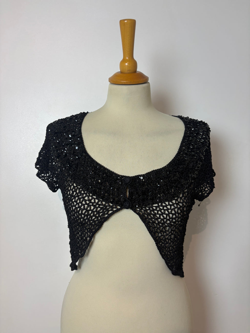 Handmade black crochet sequined button-up bolero