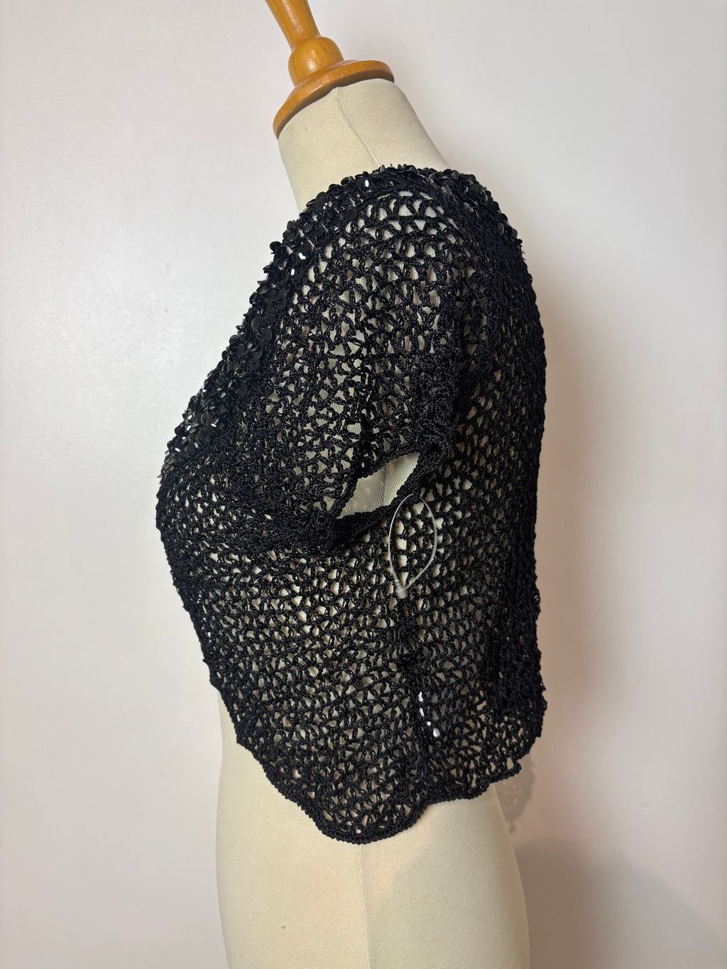 Handmade black crochet sequined button-up bolero