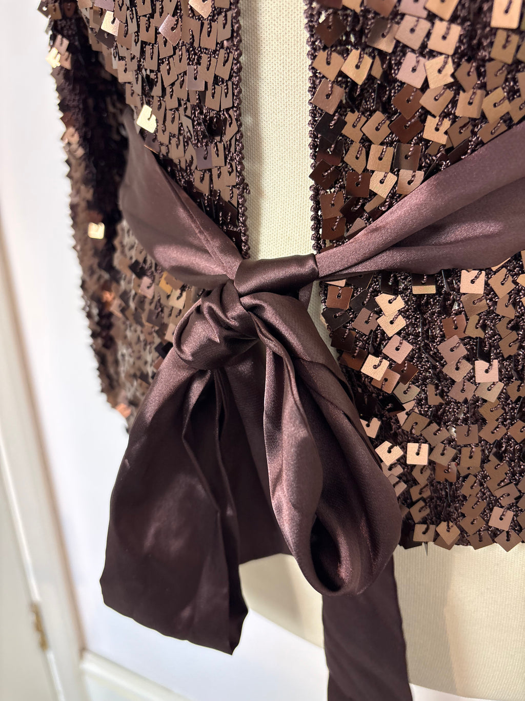 Handmade brown crochet heavily sequined tie-up cardigan