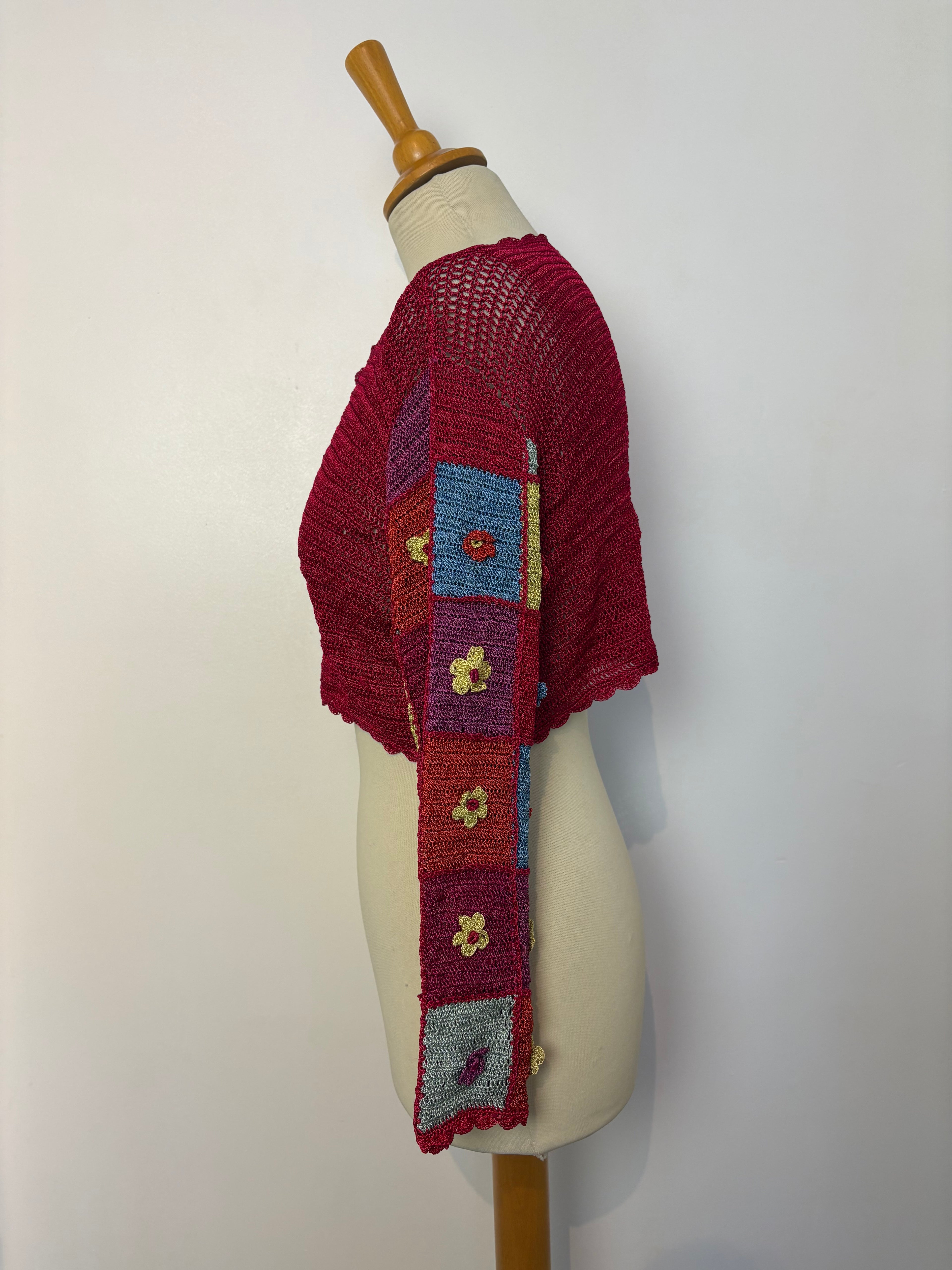 Handmade cerise crochet flower-patterned-long-sleeved cardigan