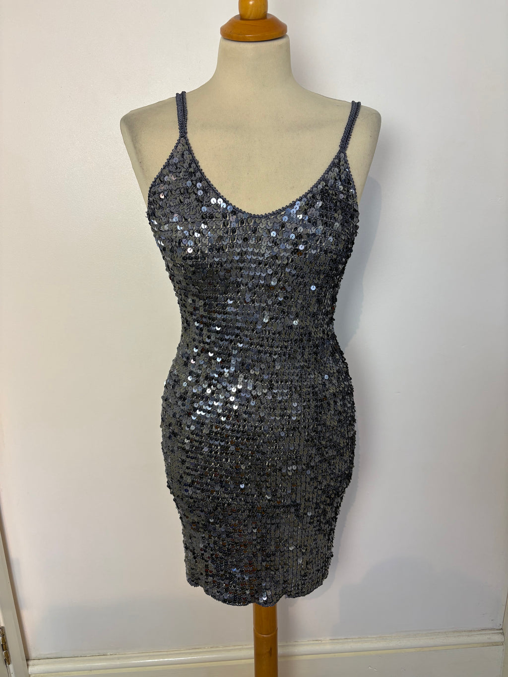 Handmade dark grey crochet sequined mini dress