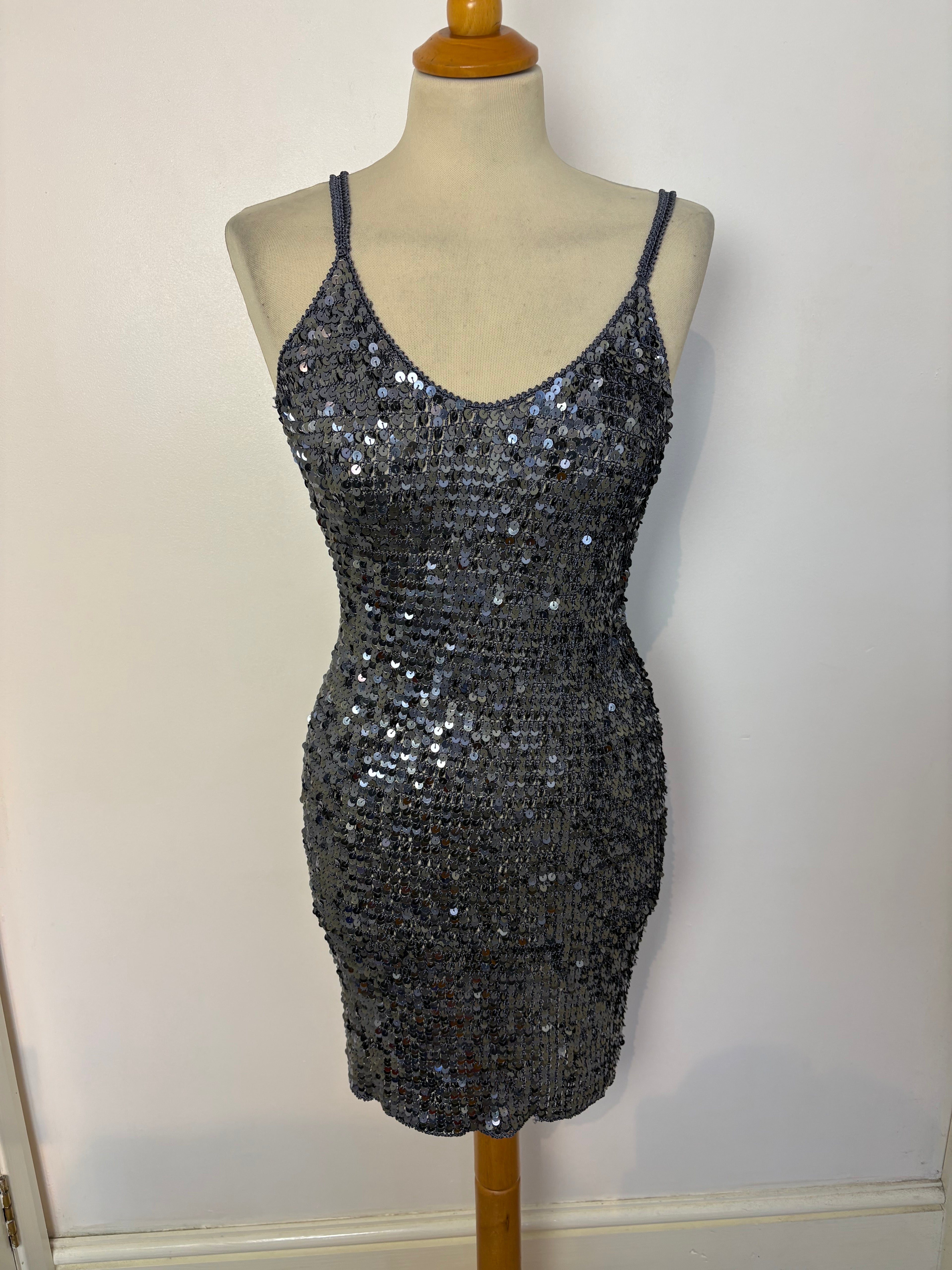Handmade dark grey crochet sequined mini dress