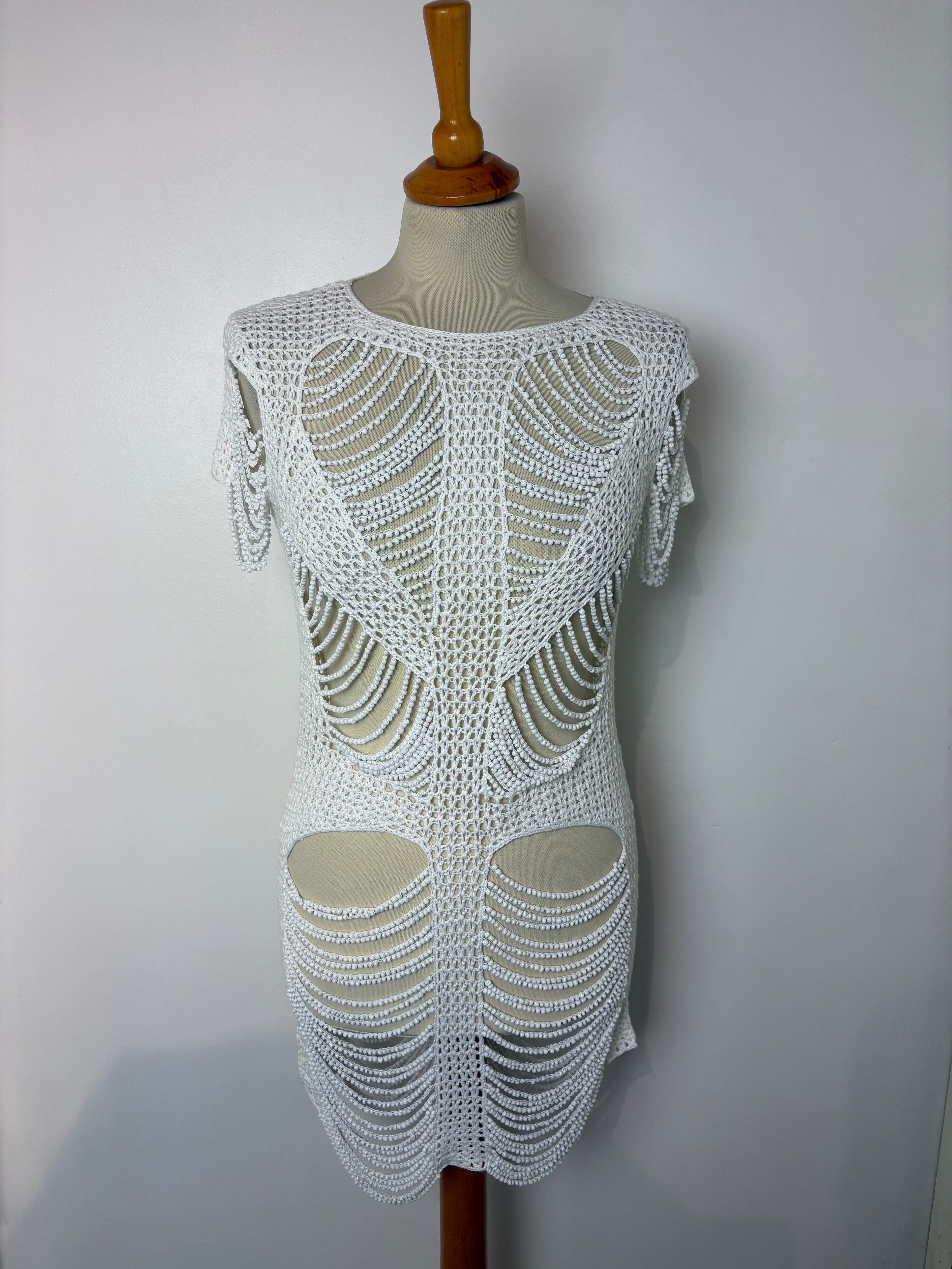 Handmade white crochet heavily beaded mini dress