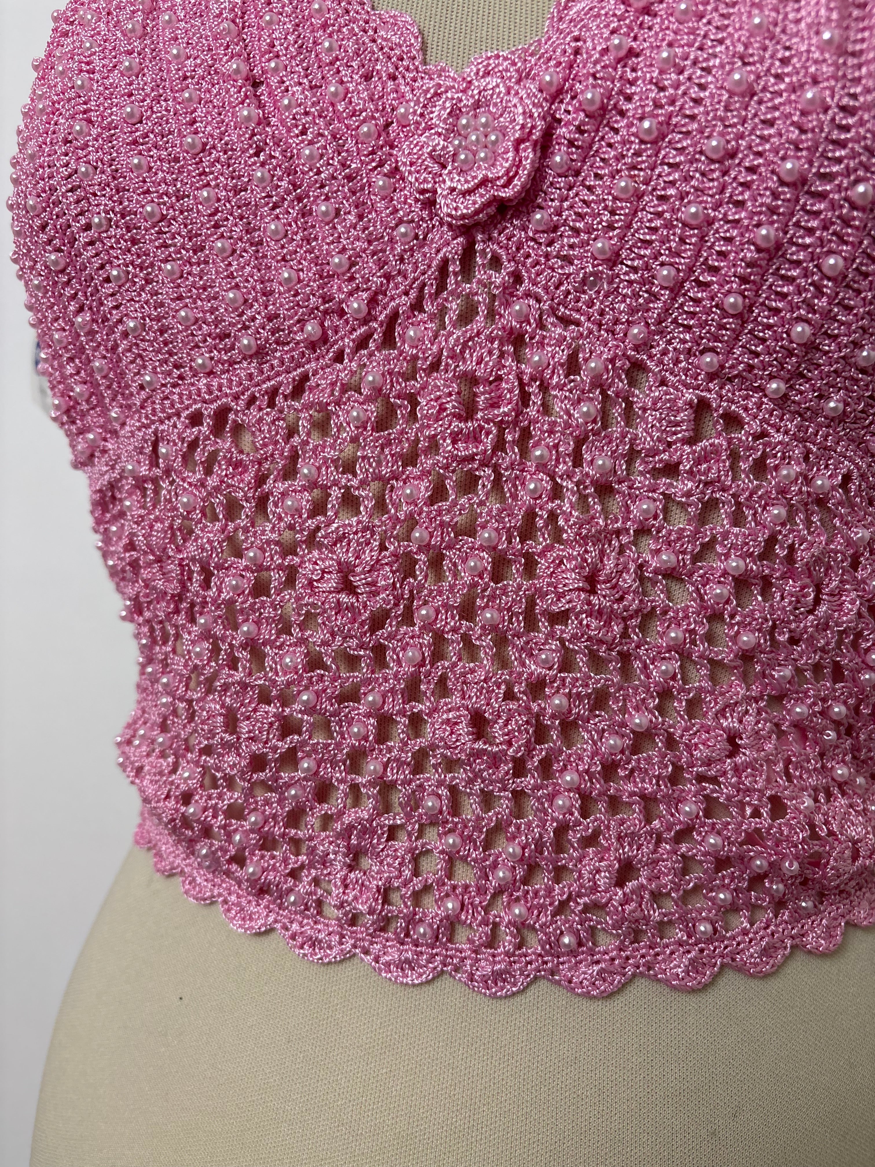 Handmade pink beaded crochet tie-up backless halterneck