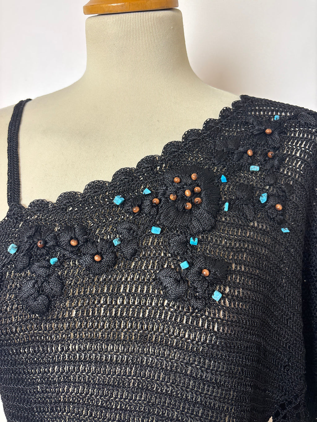 Handmade black crochet beaded one-shoulder top