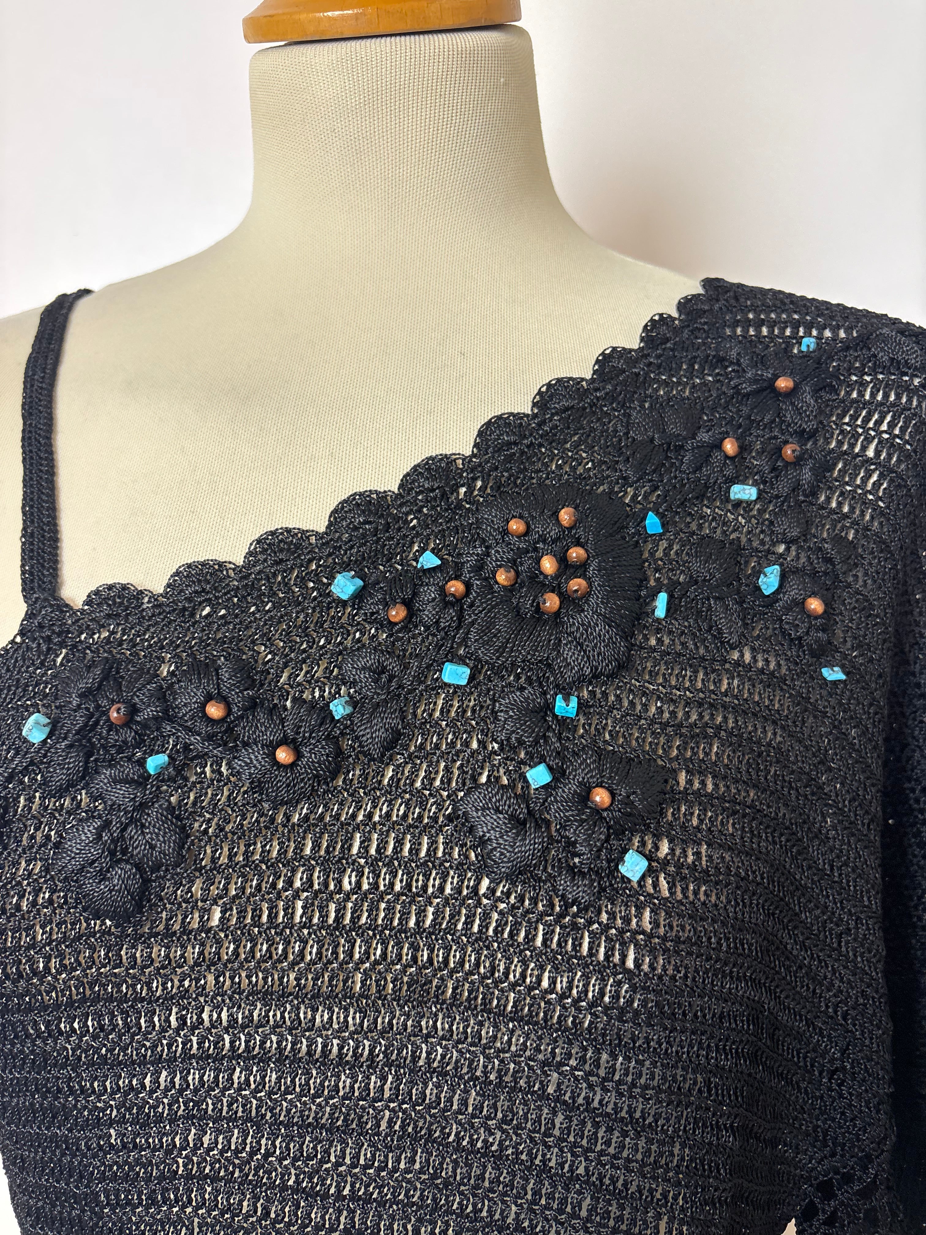 Handmade black crochet beaded one-shoulder top