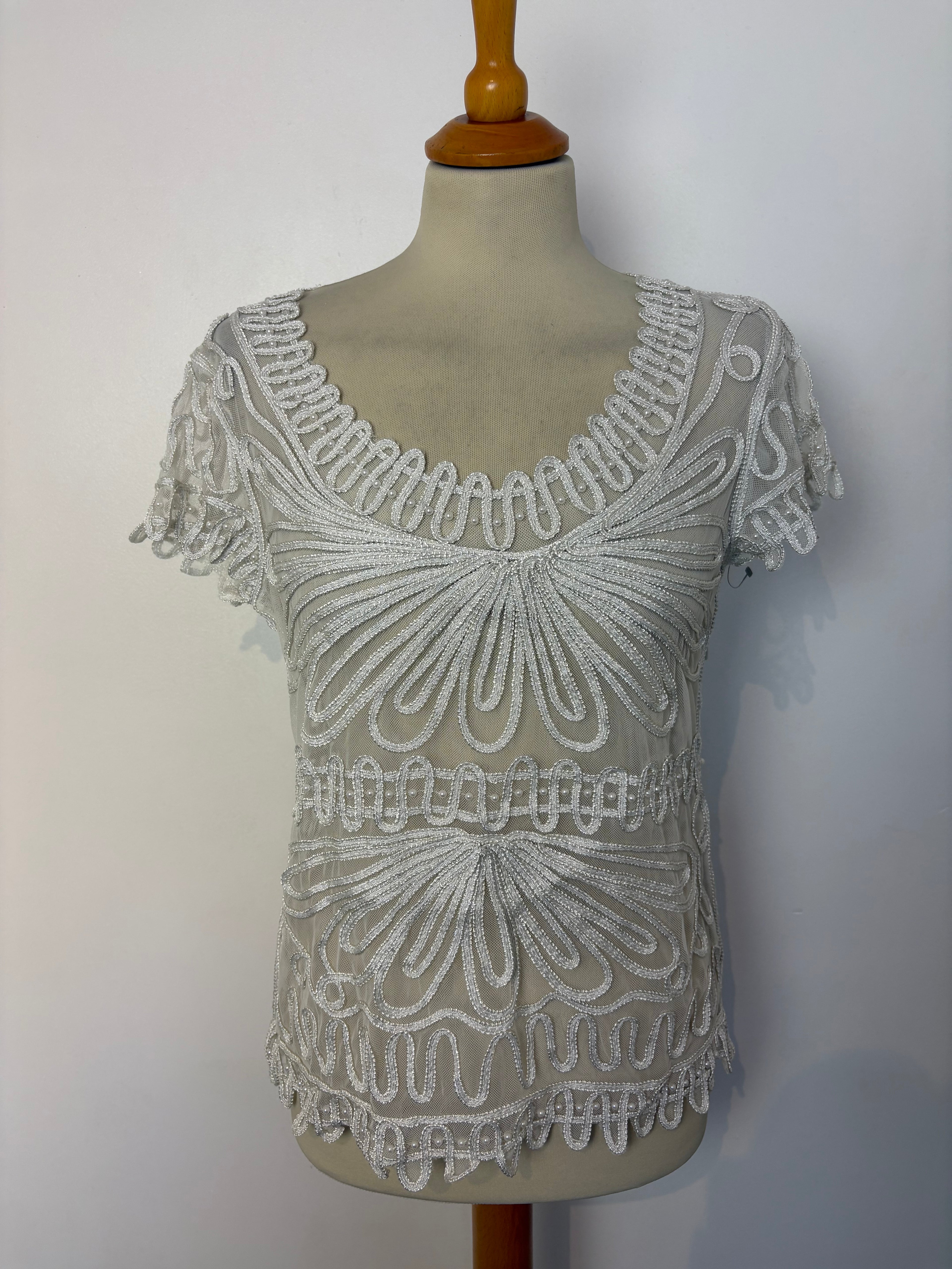 White mesh Cornelli-patterned beaded top