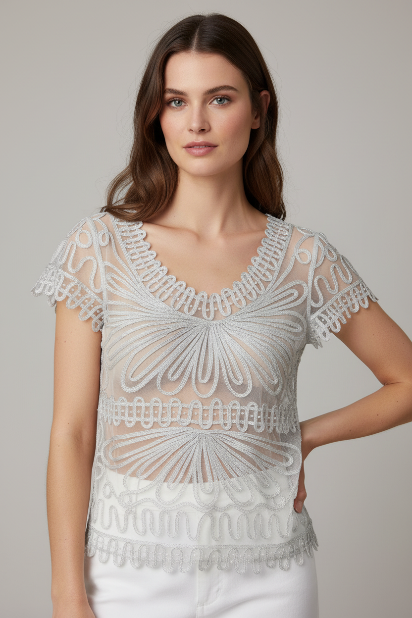 White mesh Cornelli-patterned beaded top