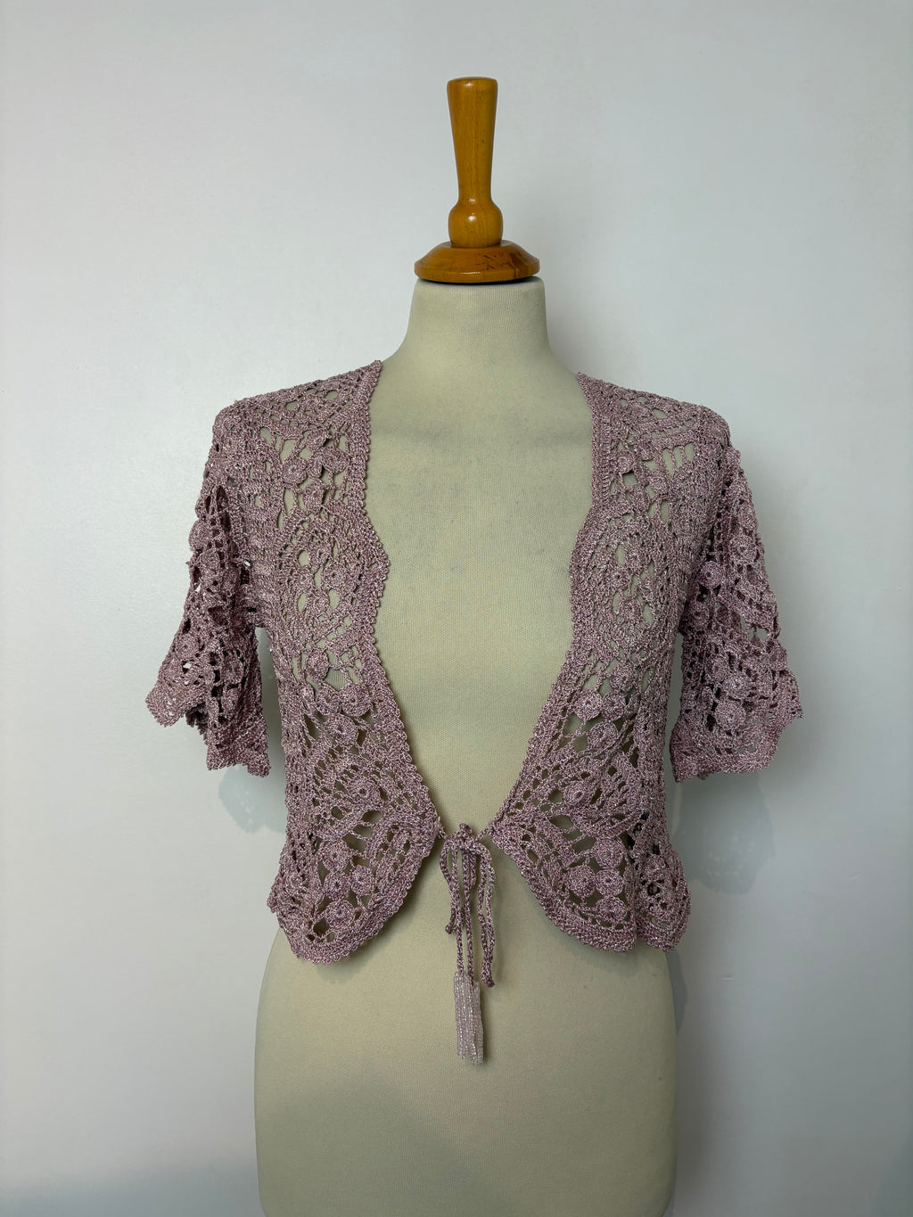 Handmade sparkly pink crochet tie-up bolero