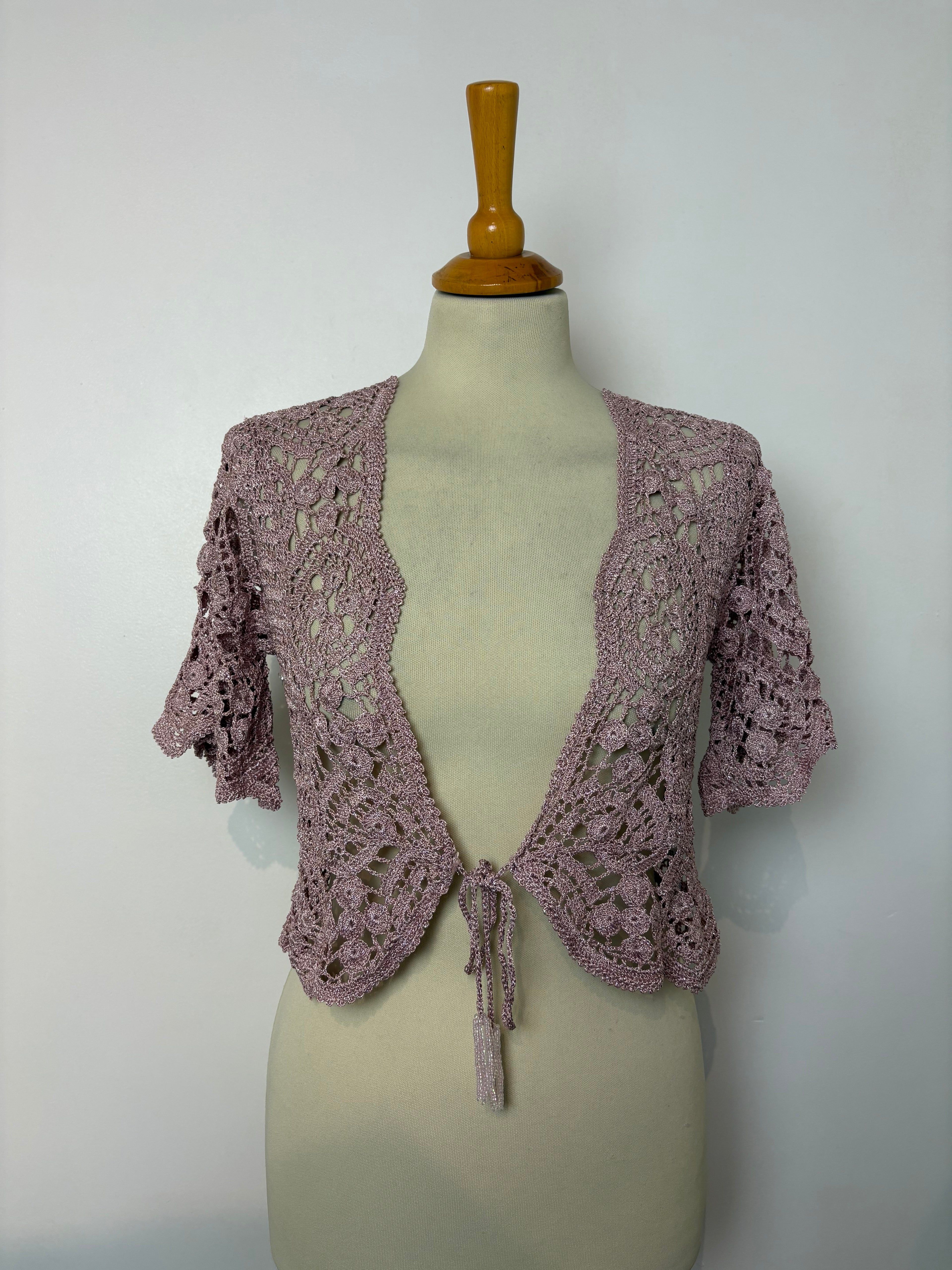 Handmade sparkly pink crochet tie-up bolero