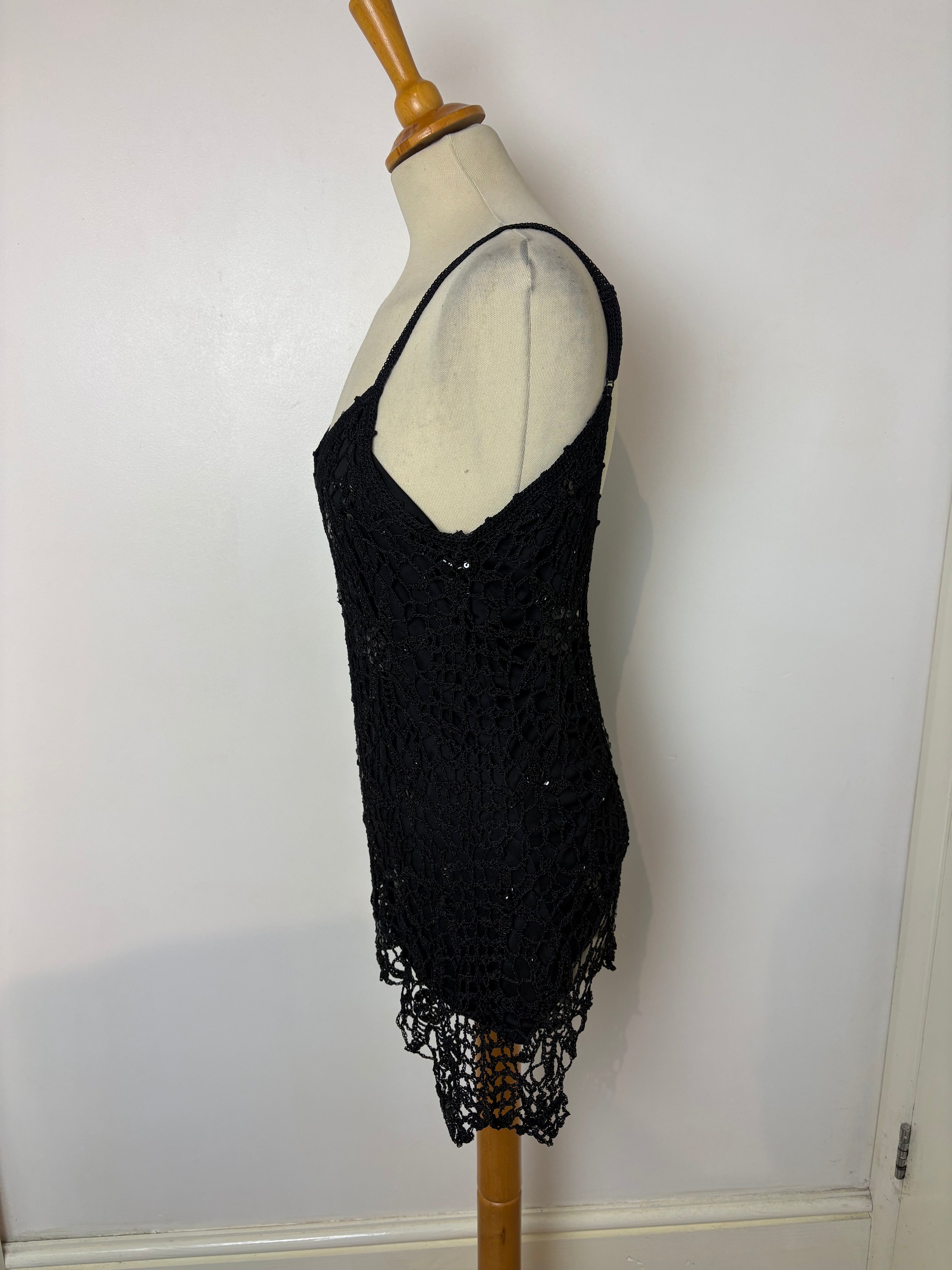 Handmade black crochet sequined long top