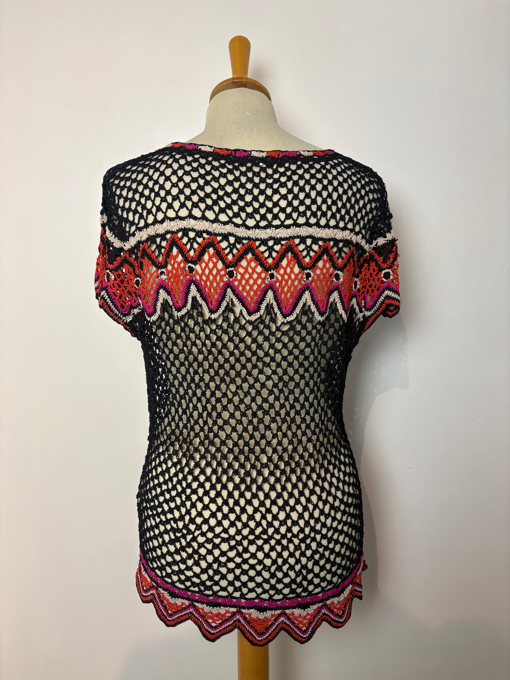 Handmade black crochet pink, orange, white patterned top