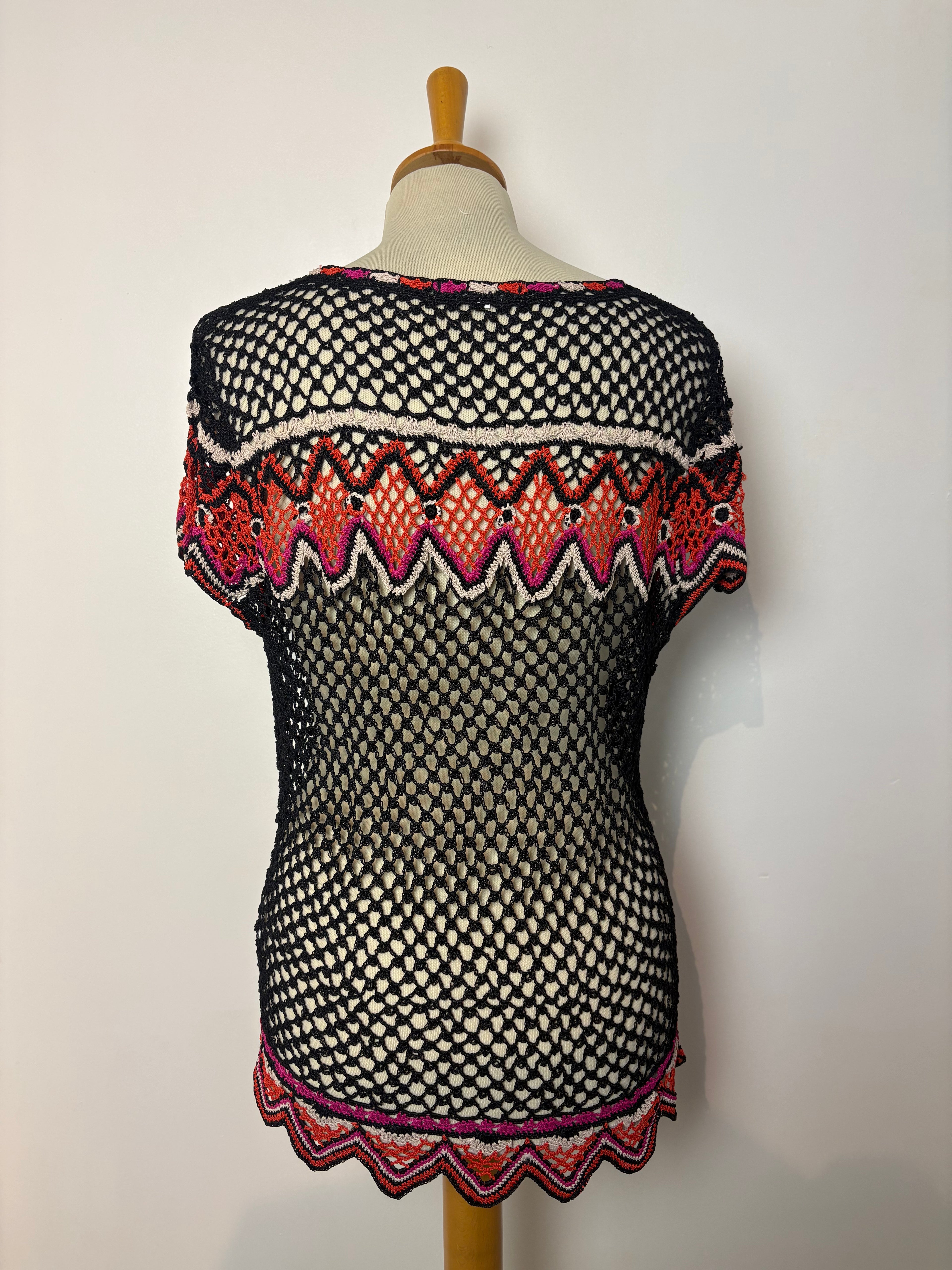 Handmade black crochet pink, orange, white patterned top