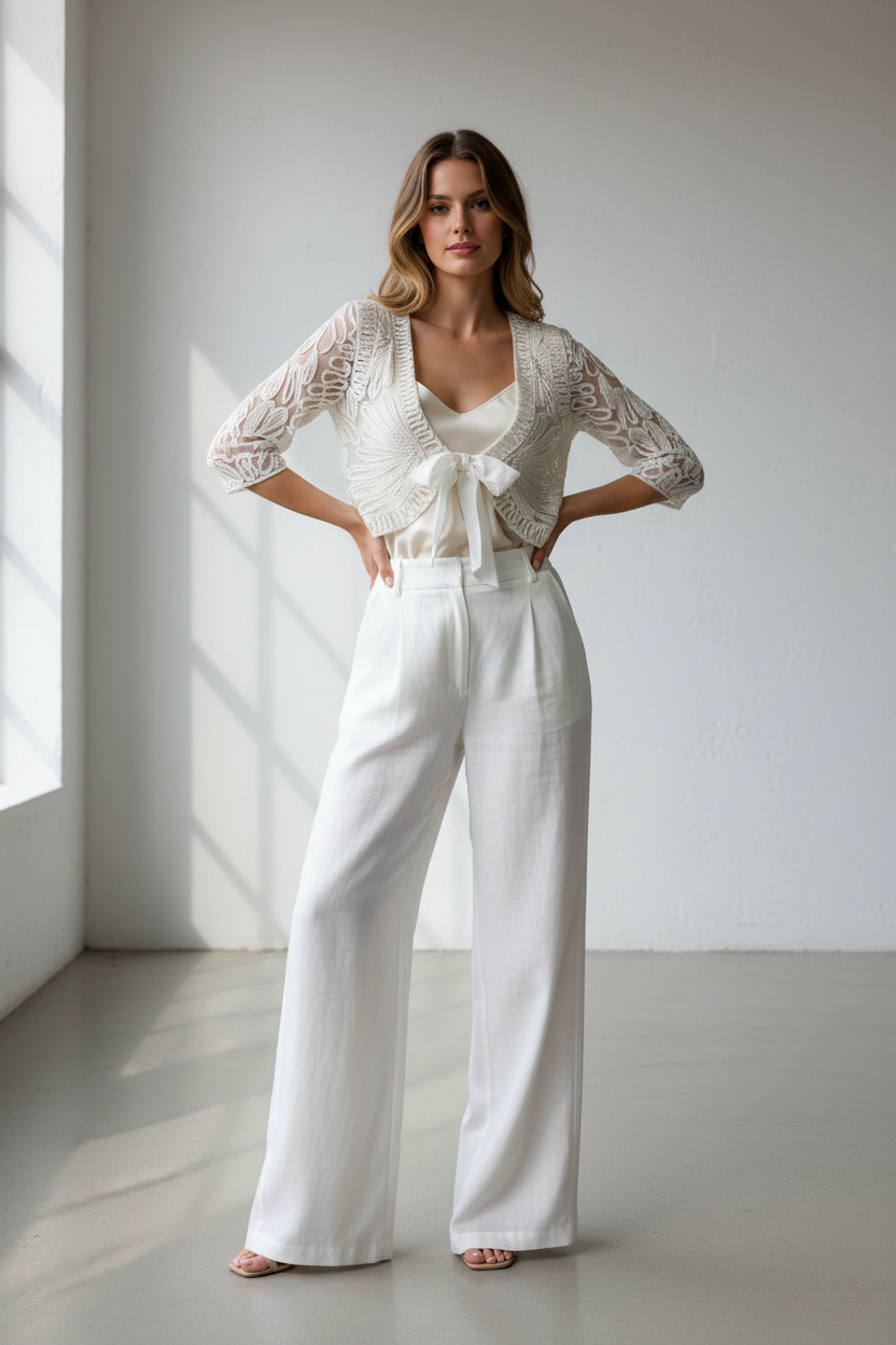 Ivory mesh cornelli-patterned tie-up bolero
