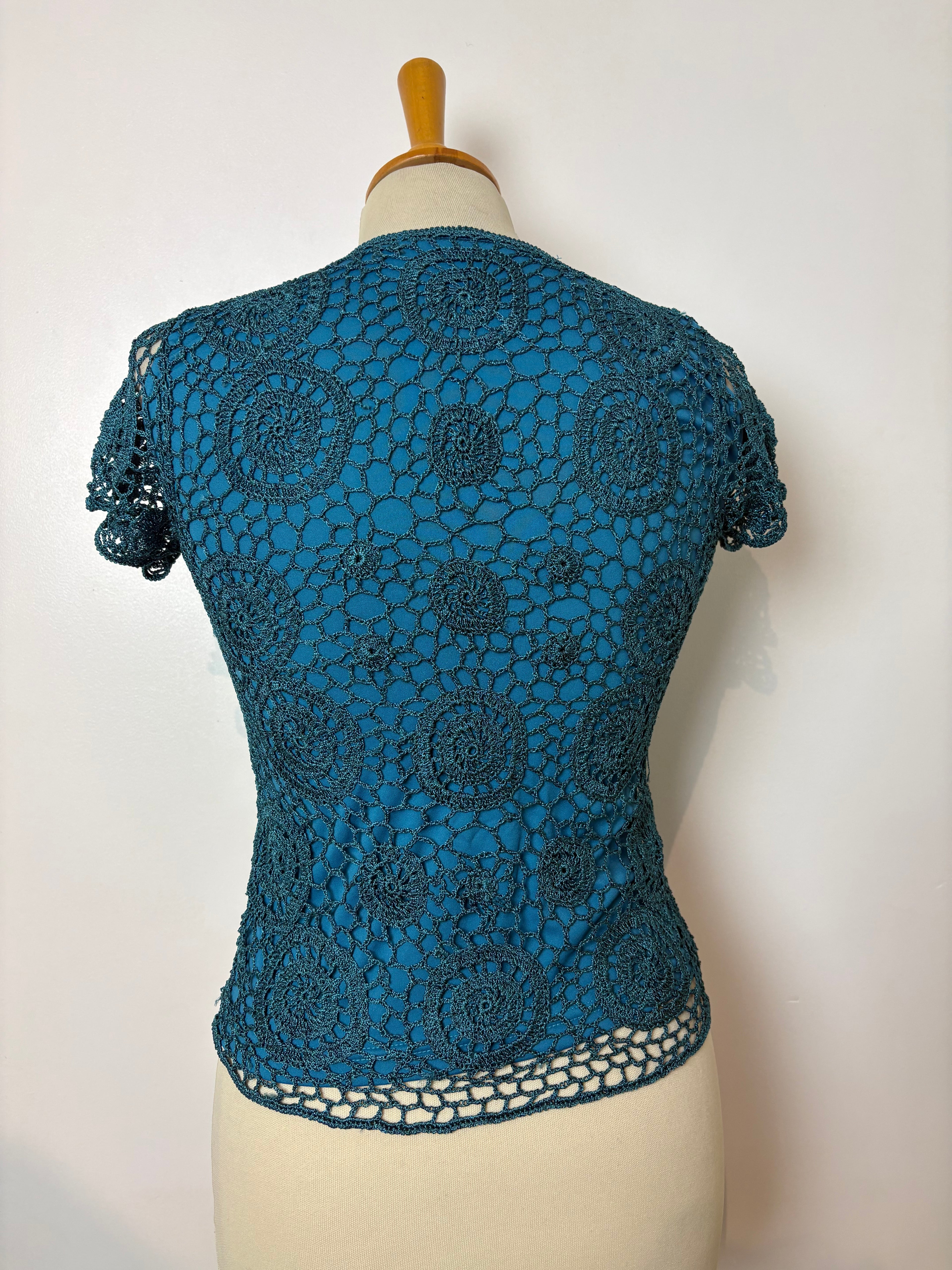 Handmade turquoise crochet lined short-sleeved sparkly top