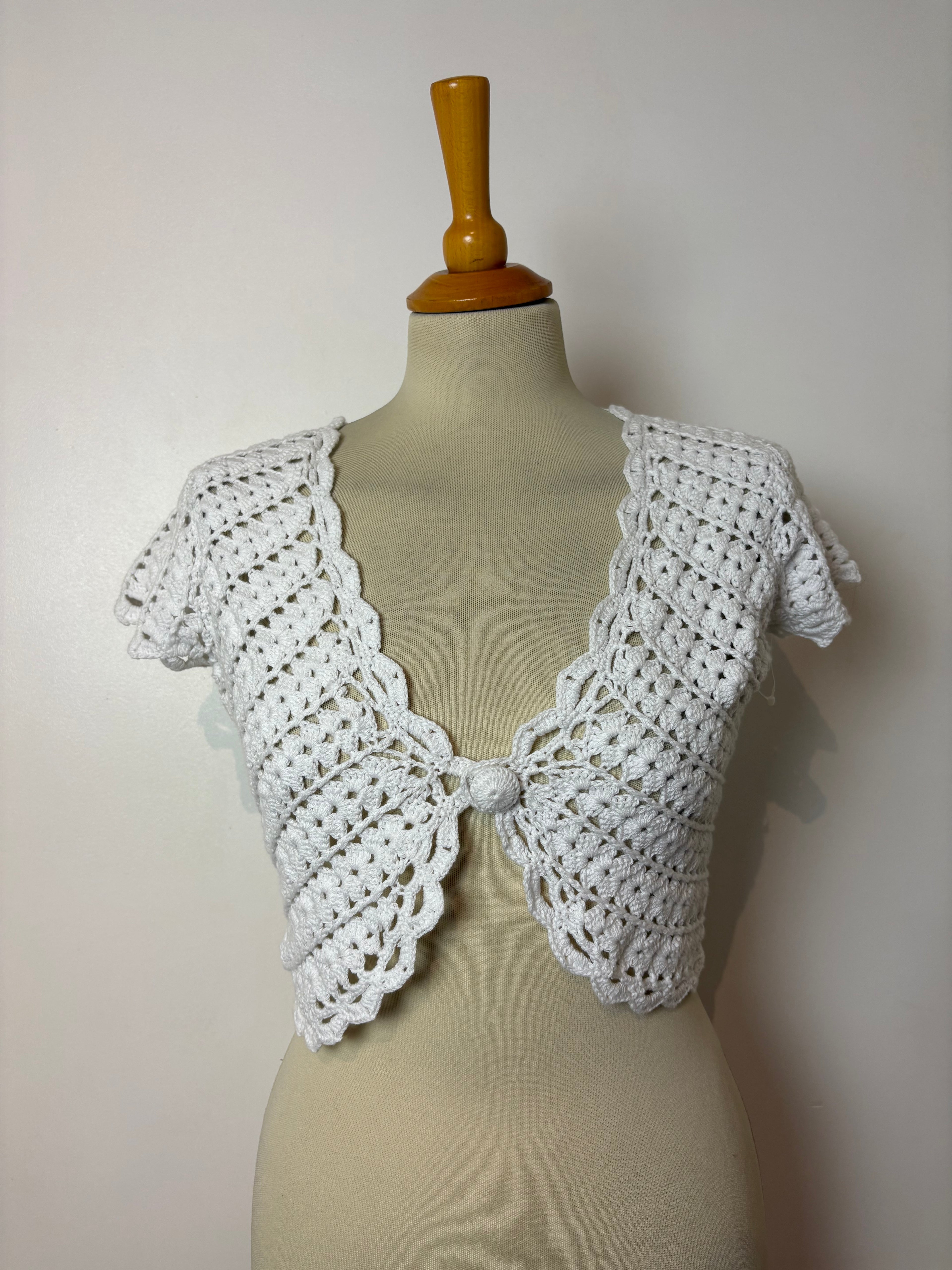 Handmade white crochet button-up bolero