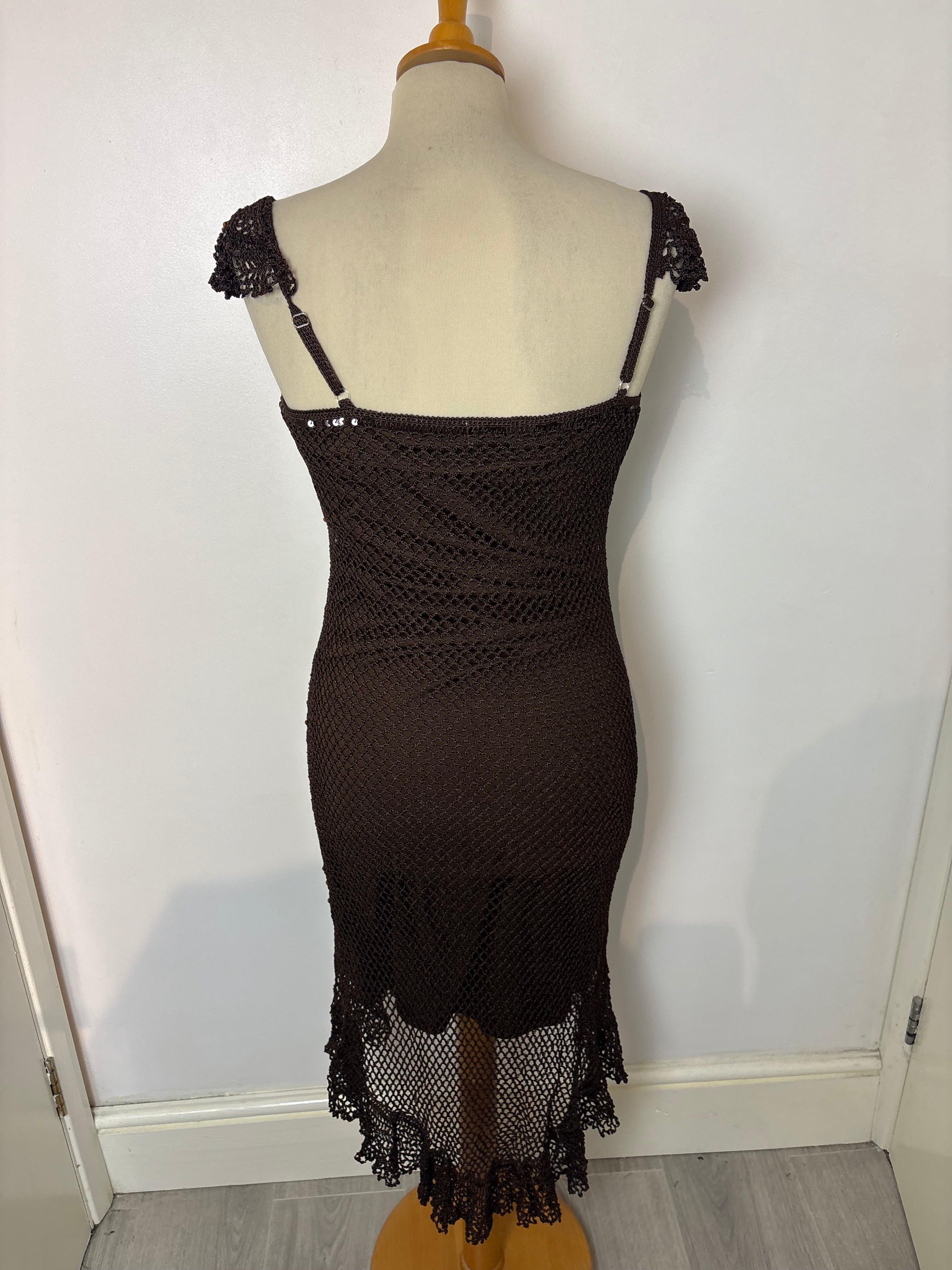 Handmade brown crochet sequined lined long dress