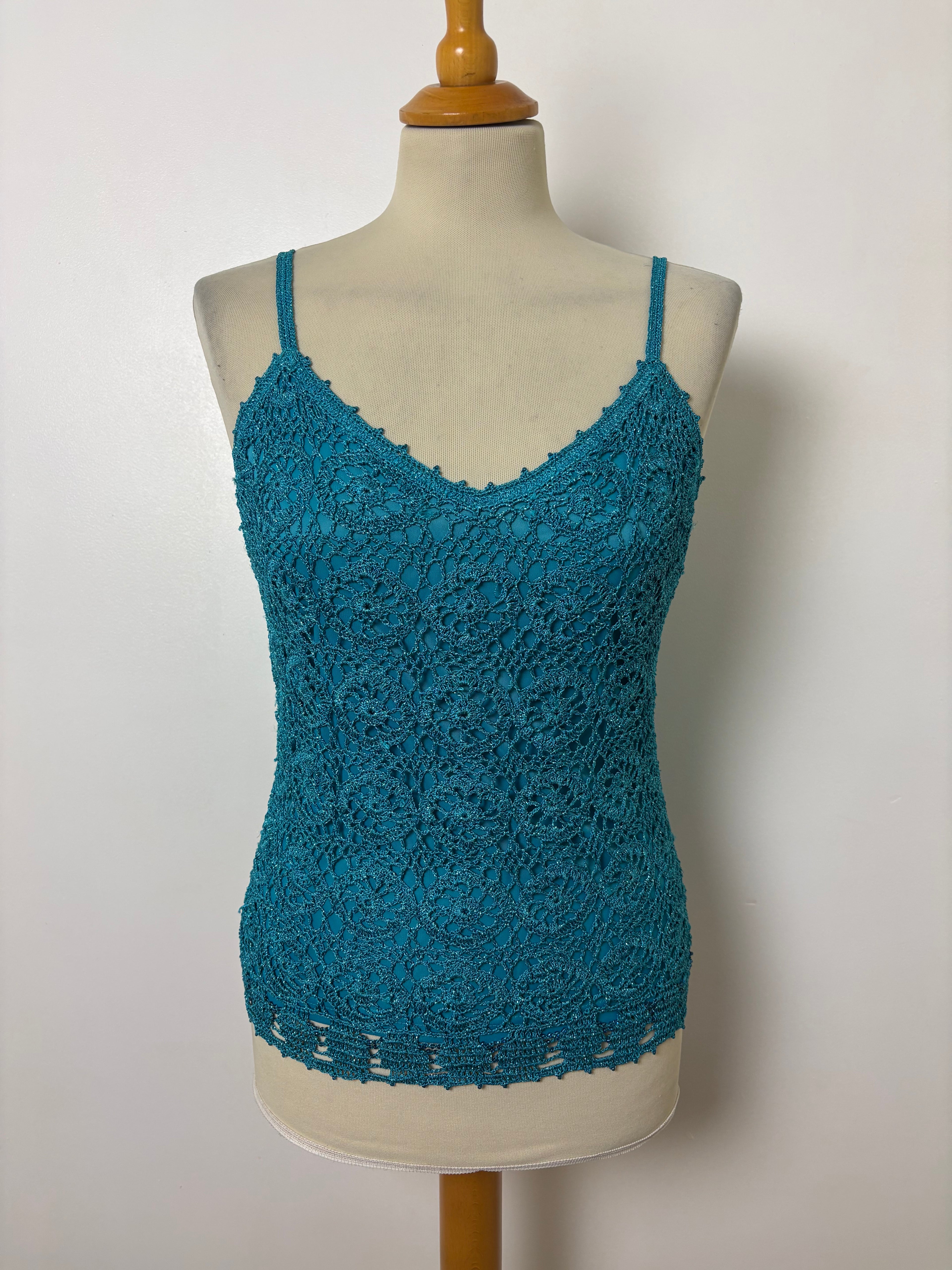 Turquoise handmade crochet lined sparkly top