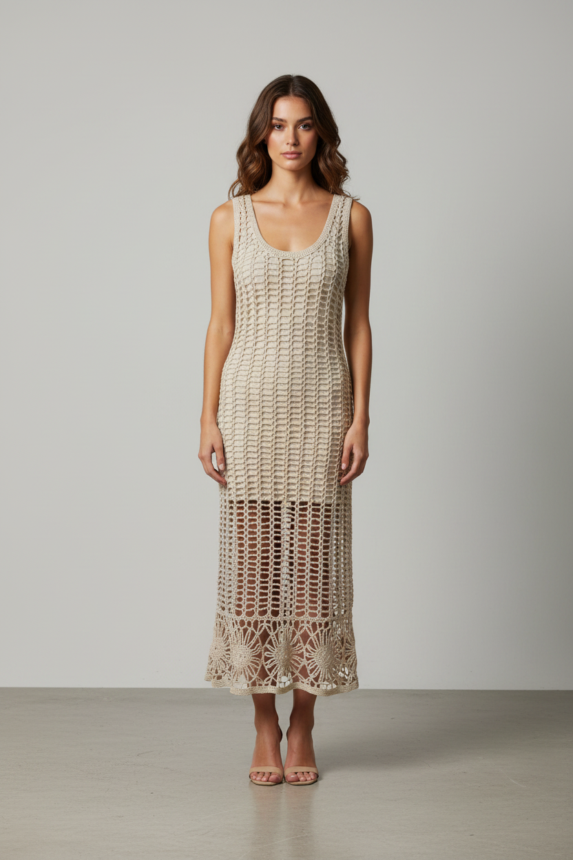 Handmade beige crochet long dress